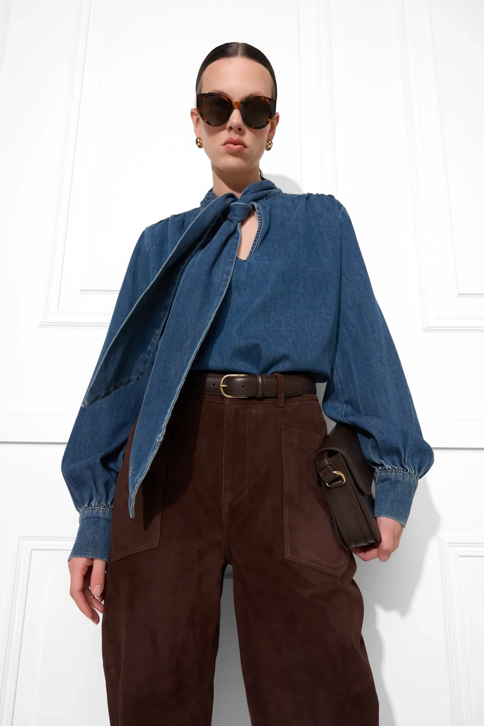 Leren Worker Broek Dames Barrel Fit Mid Rise Morrison Suede Bruin