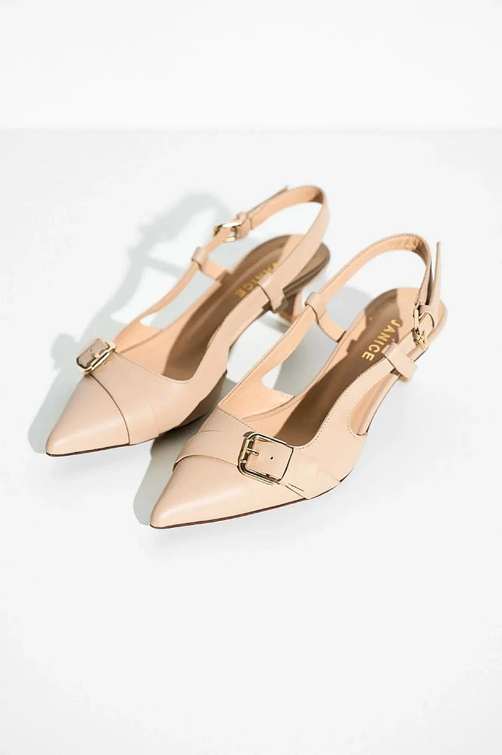 Women's Leather Slingbacks with Heel, Beige, Elio