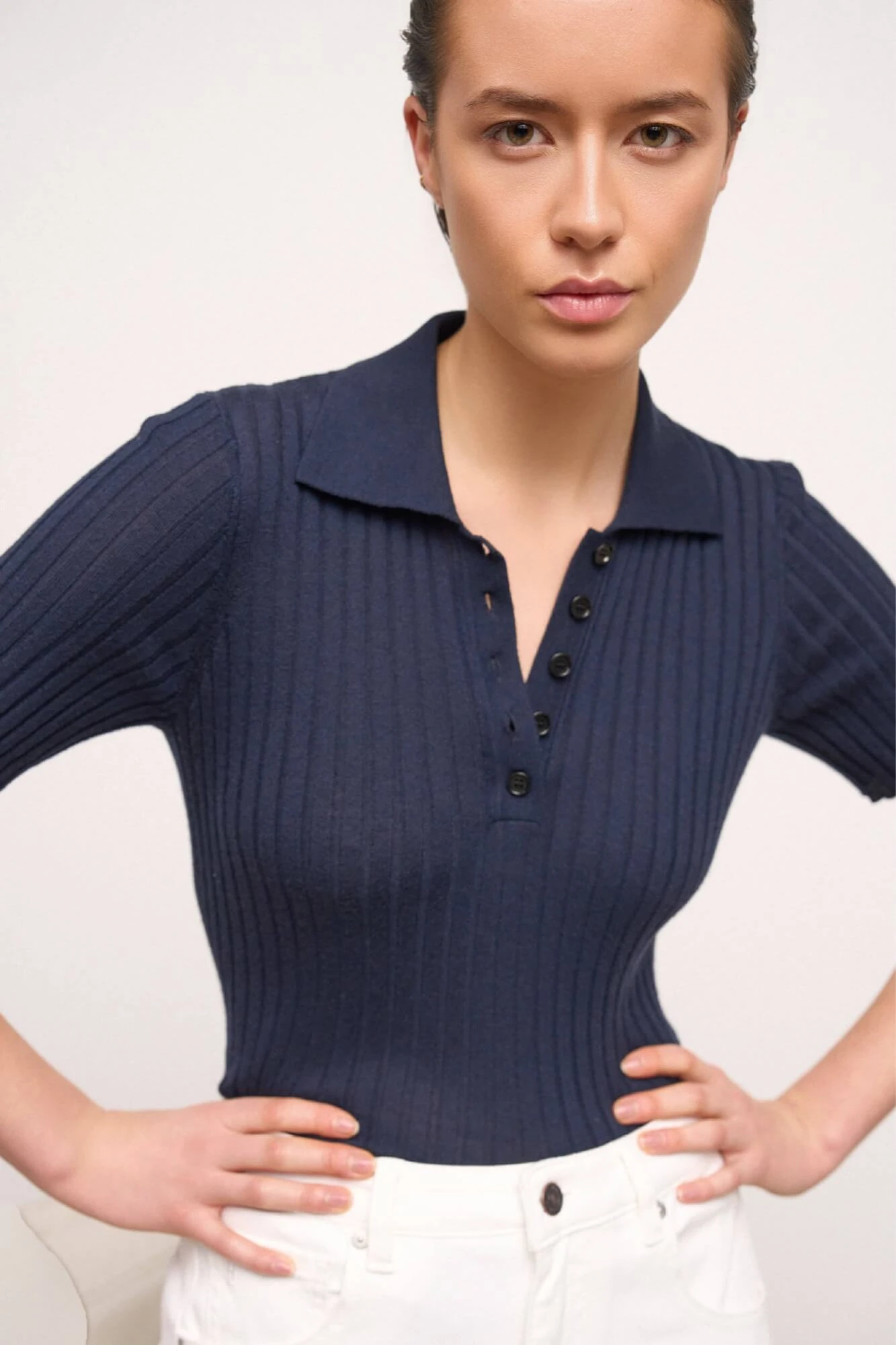 Polo-Pullover aus gestrickter Merinowolle, Kian, Marineblau