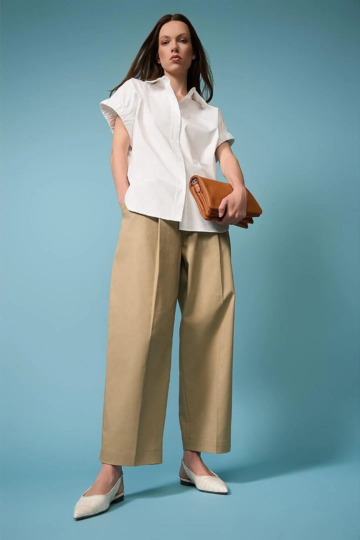 Beige Cotton Paperbag Pants with Side Pockets by Barrel Balti