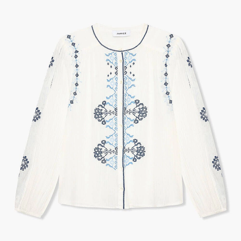 Witte blouse blauwe broderie katoen Austin