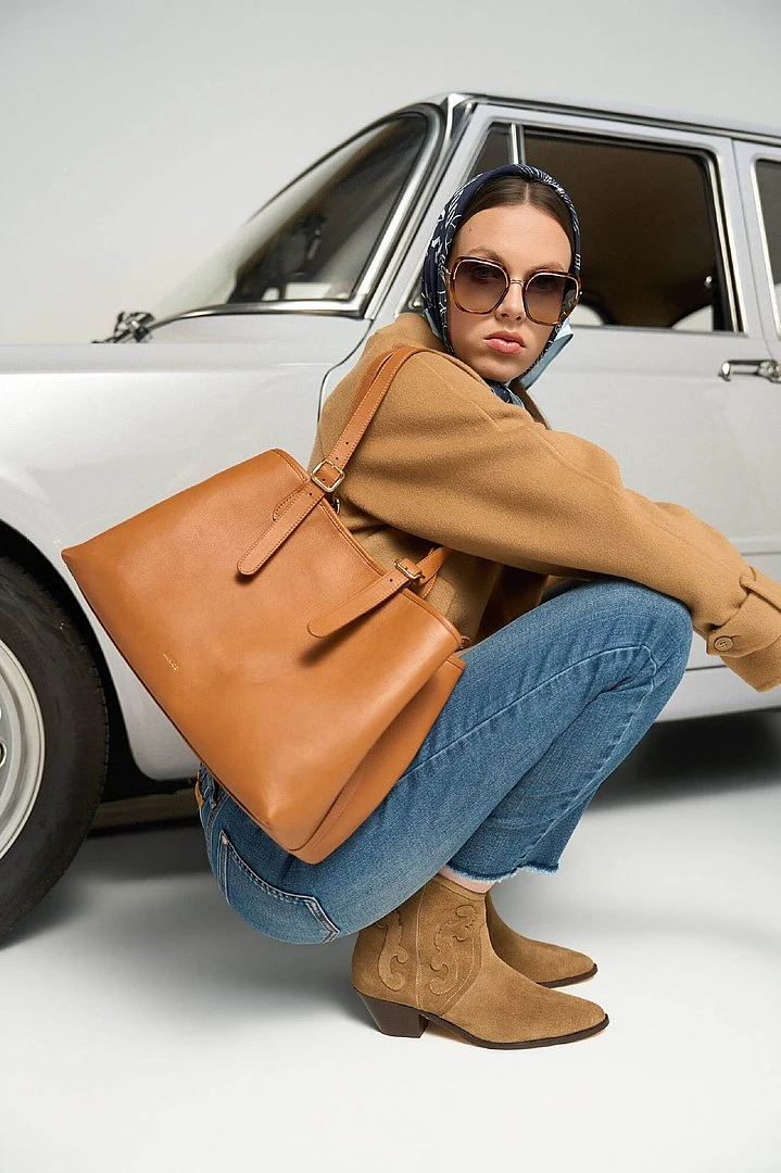 Leder-Damenhandtasche Shopper Harper in Camel