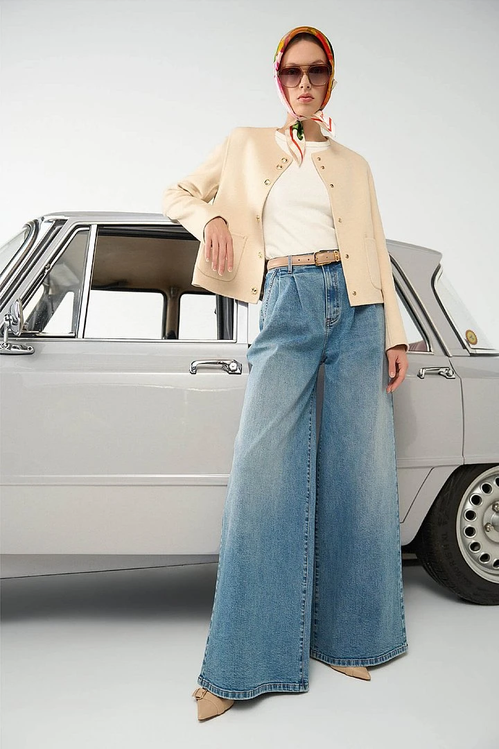 Wide-Leg Stretch High-Rise Jeans, Dollar Blue, Size 379