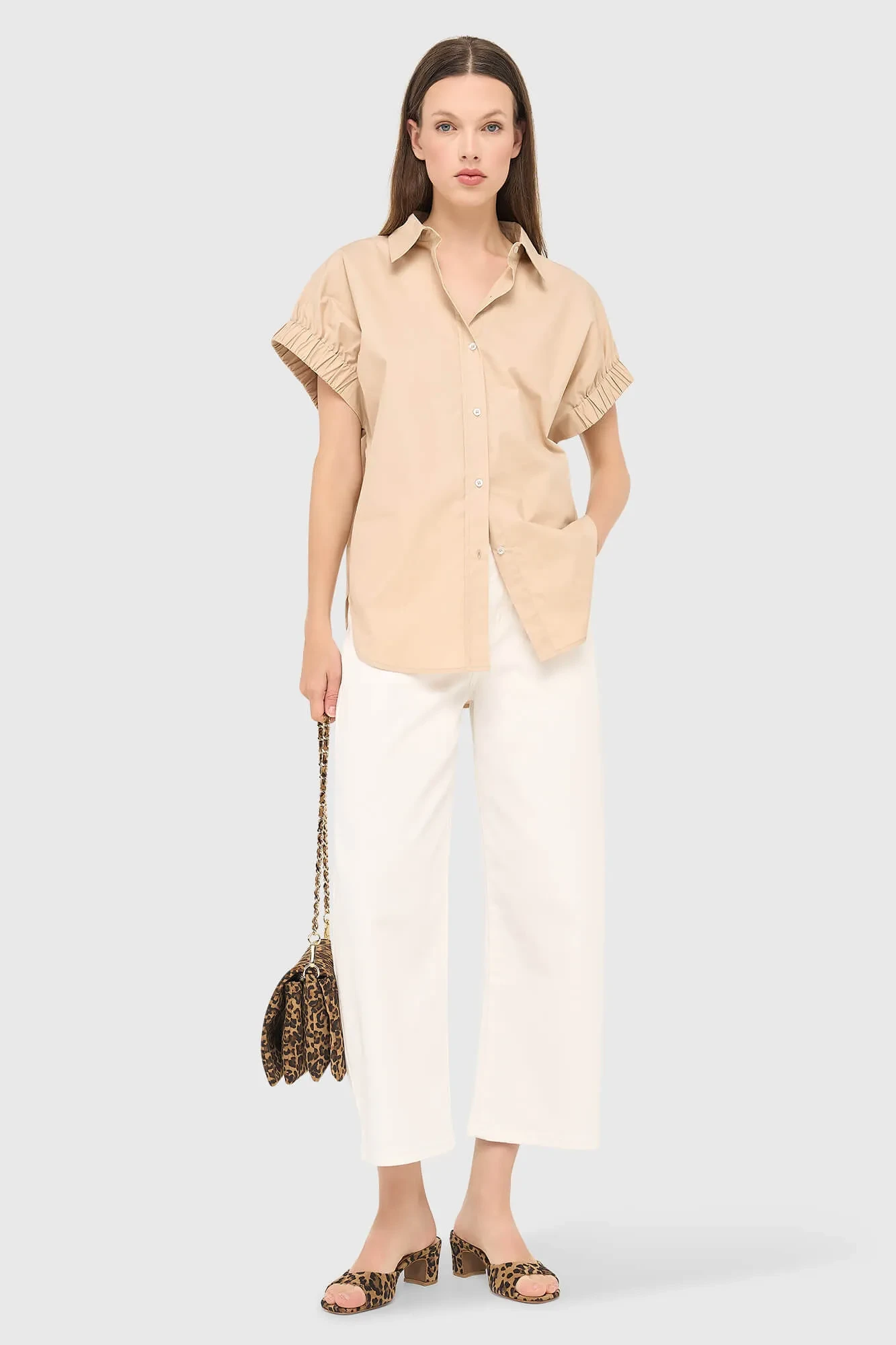Beige Cotton Women's Short-Sleeve Blouse by Yaro