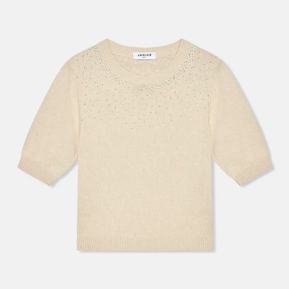 Beige Katoenen Dames Truitje Met Steentjes Barret