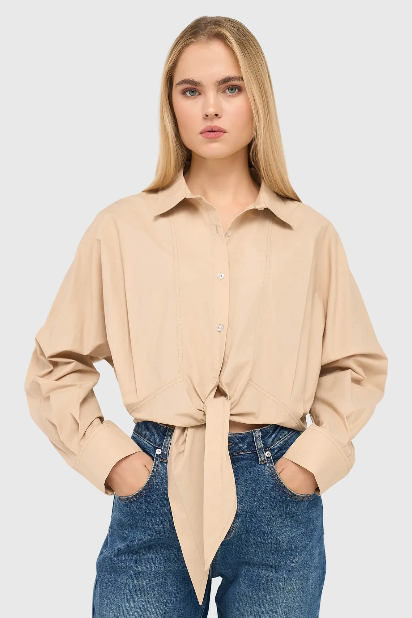 Beige Cotton Bow Blouse for Women by David