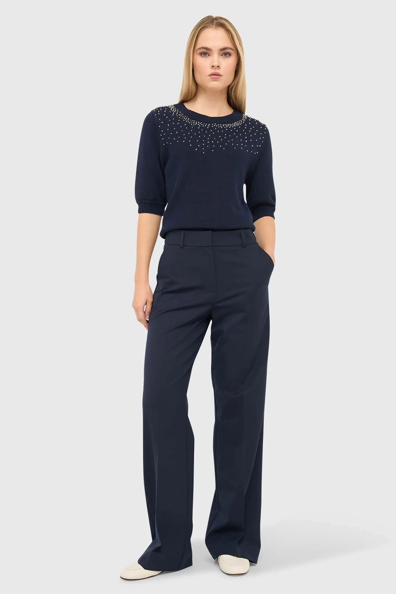 Blauer Baumwollpullover für Damen mit Strasssteinen von Barret