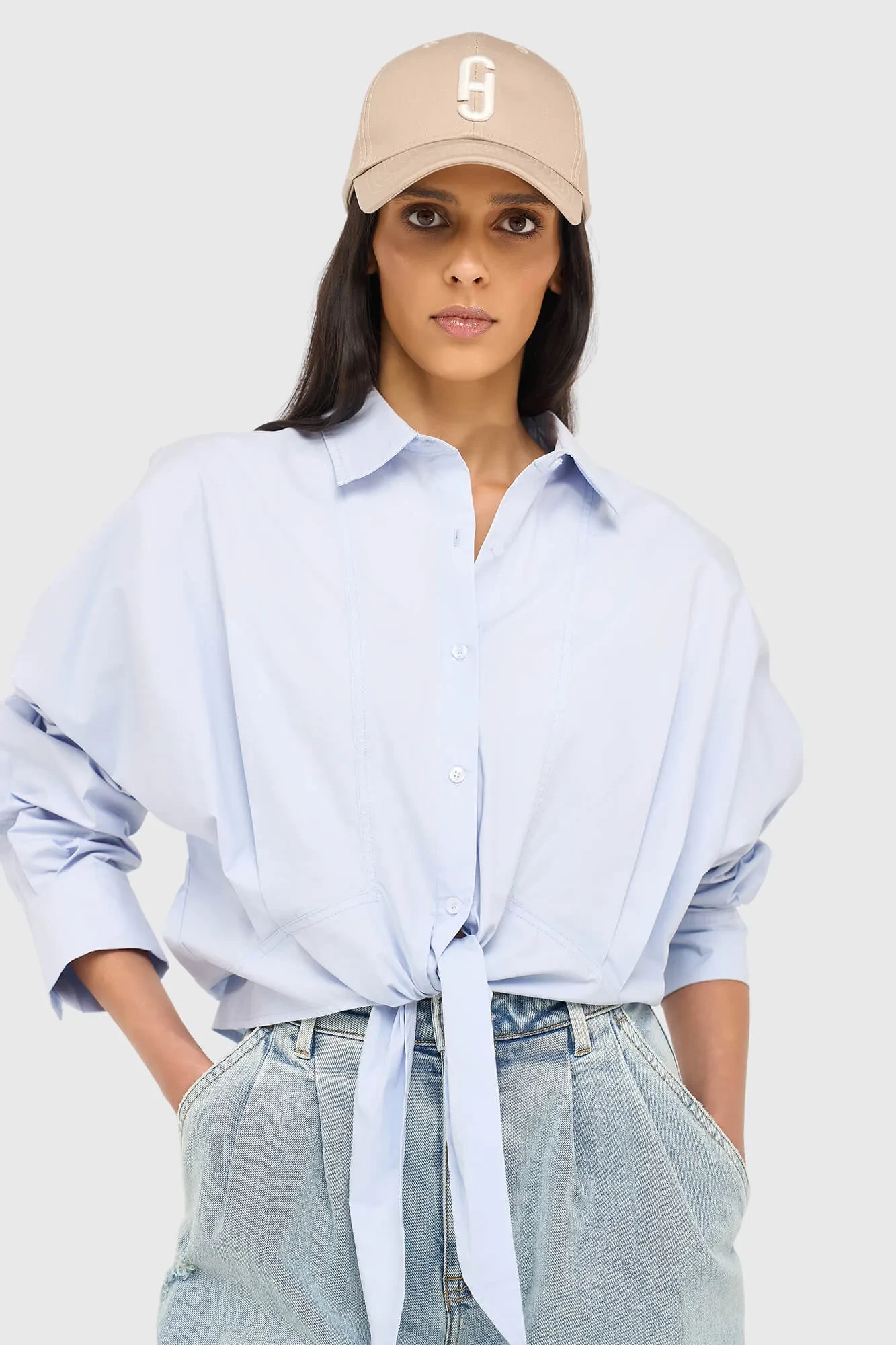 Blaue Baumwollbluse mit Schleife für Damen von David