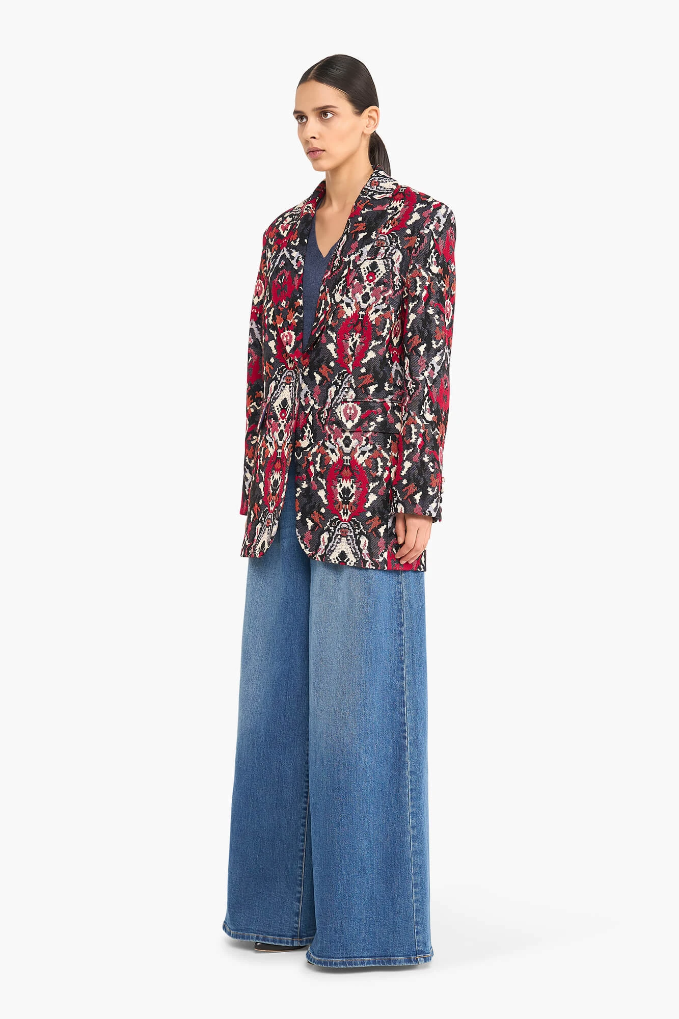 Women's Oversized Jacquard Blazer with Aztec Print in Red