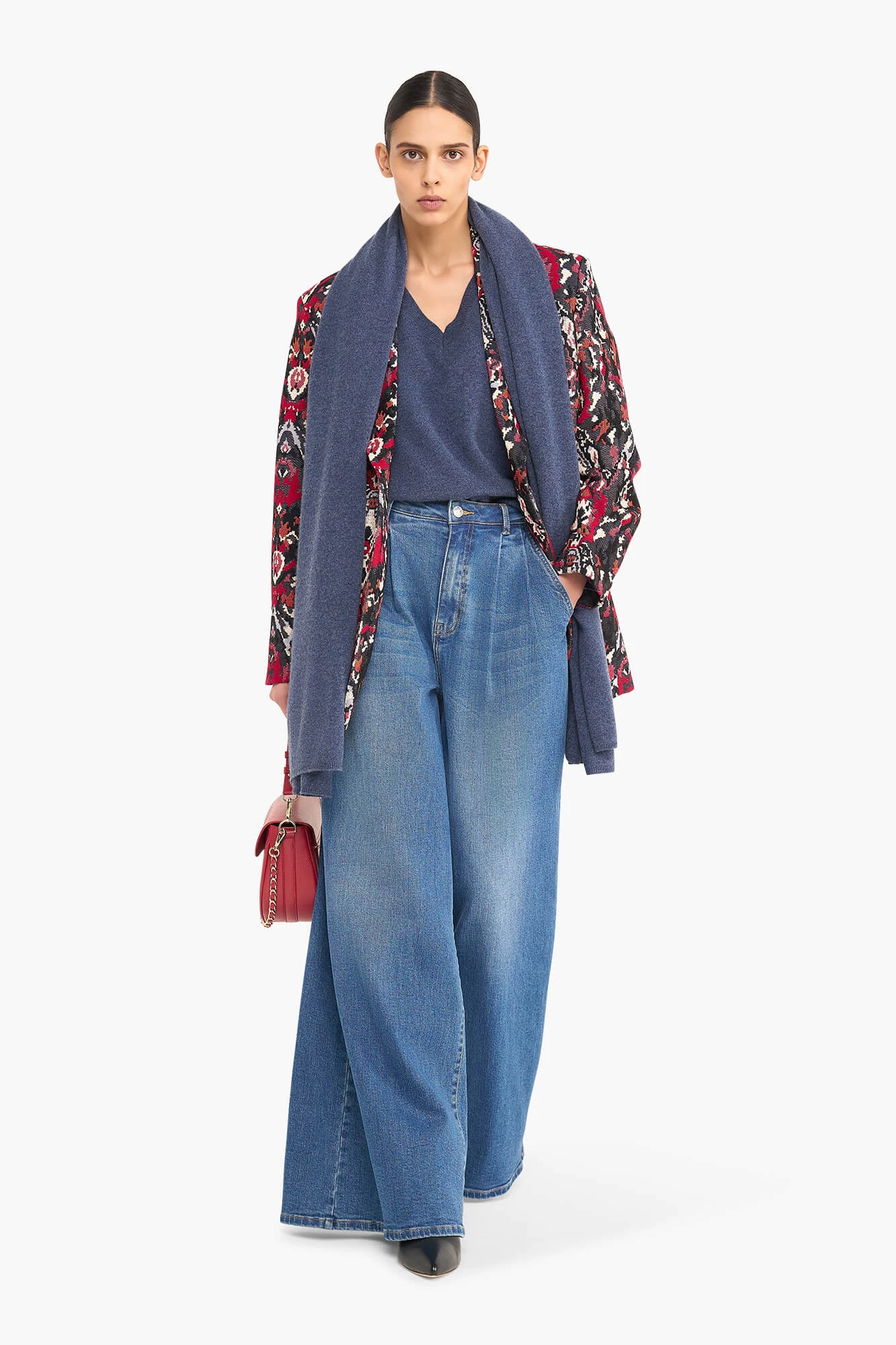 Women's Oversized Jacquard Blazer with Aztec Print in Red