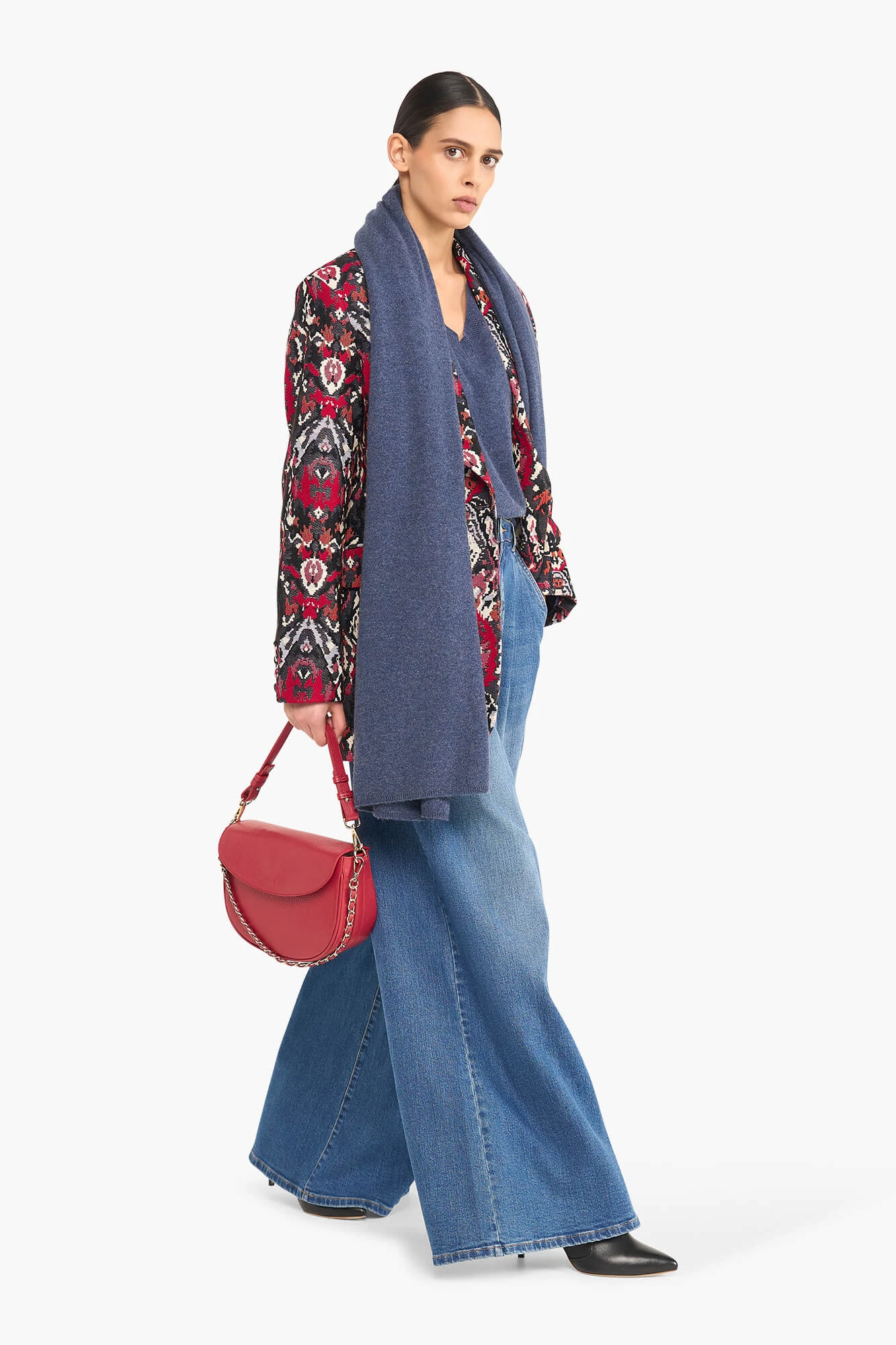 Women's Oversized Jacquard Blazer with Aztec Print in Red