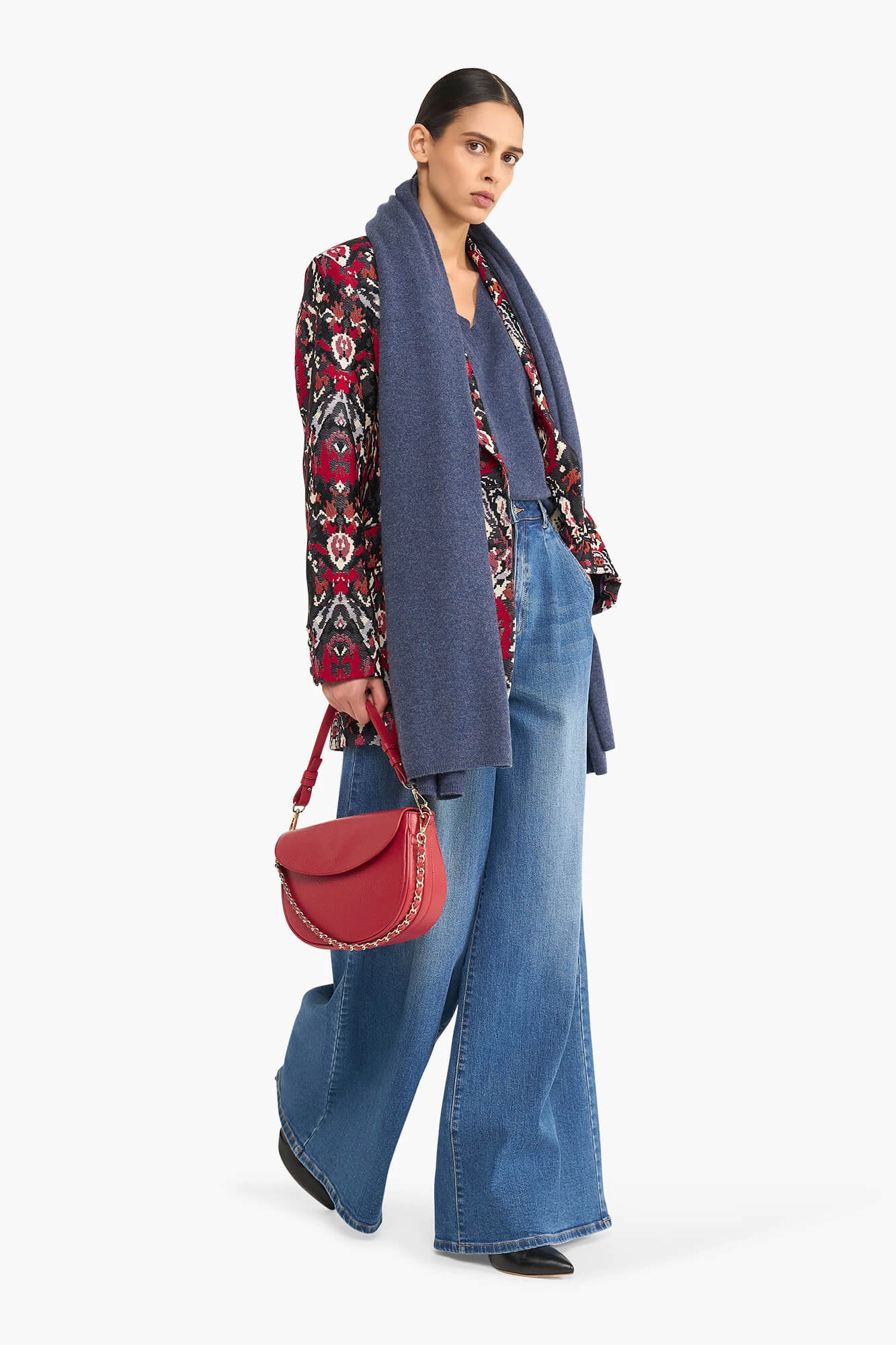 Women's Oversized Jacquard Blazer with Aztec Print in Red