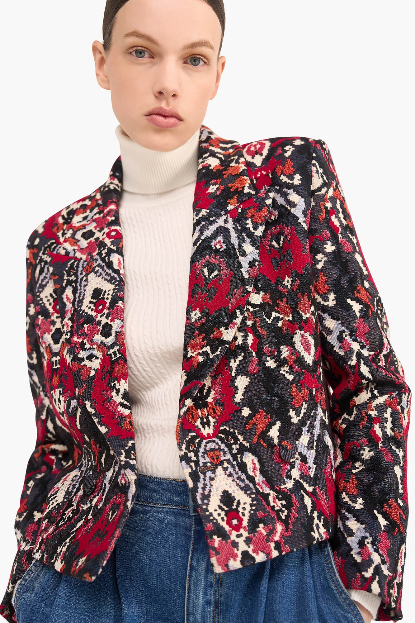 Blazer Dames Kort Stan Jacquard Rood