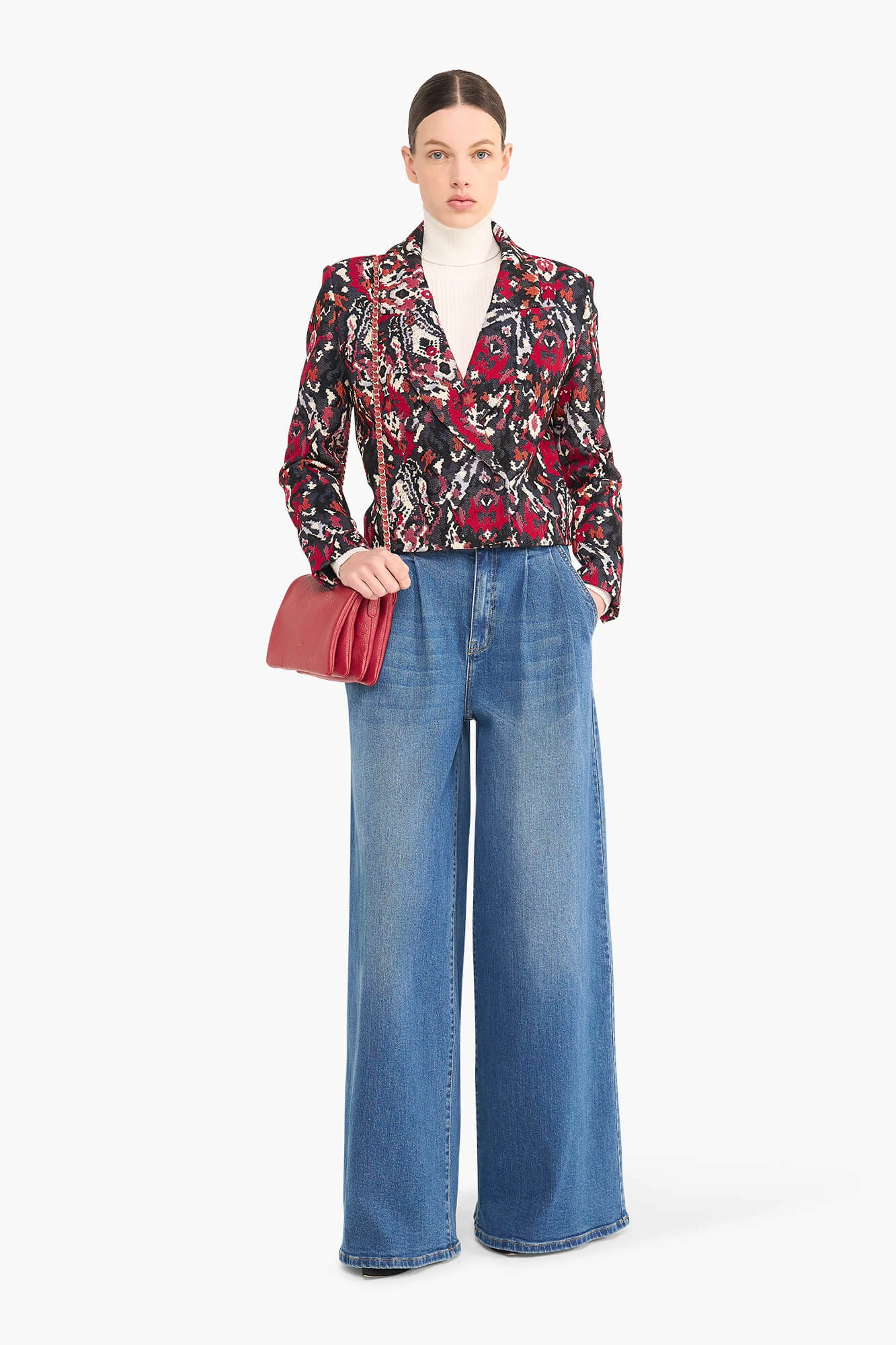 Blazer Dames Kort Stan Jacquard Rood