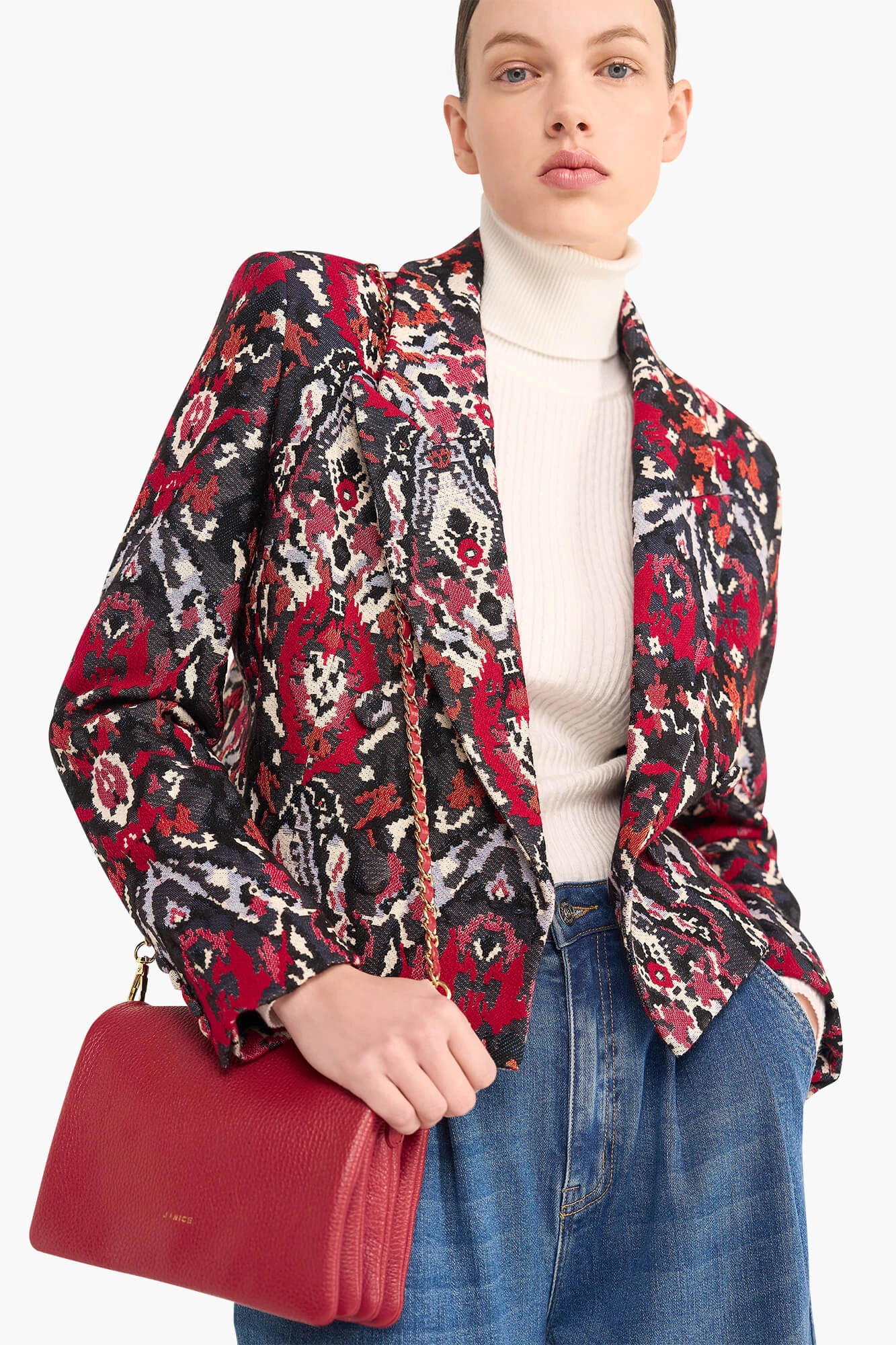 Blazer Dames Kort Stan Jacquard Rood
