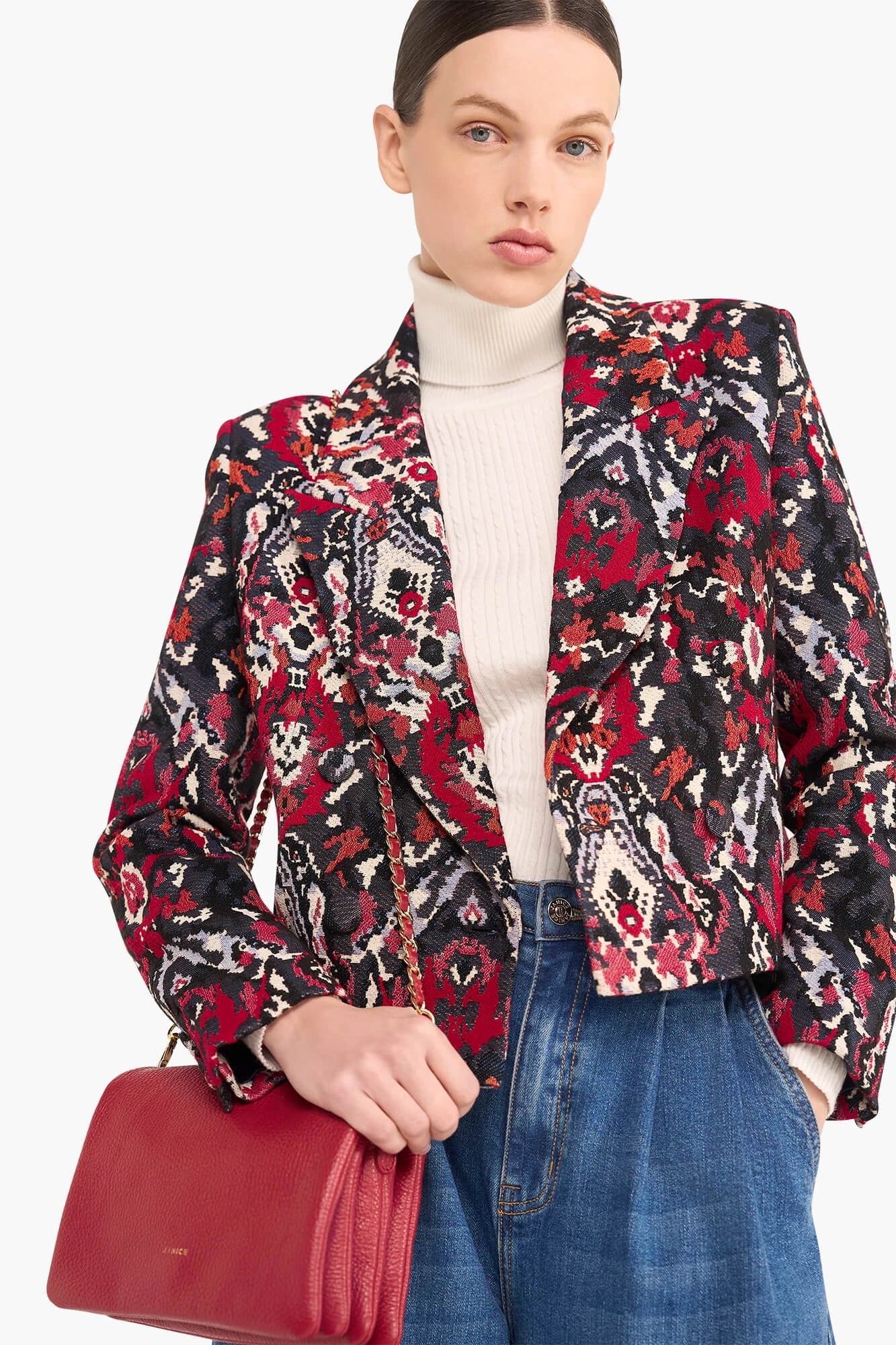 Blazer Dames Kort Stan Jacquard Rood