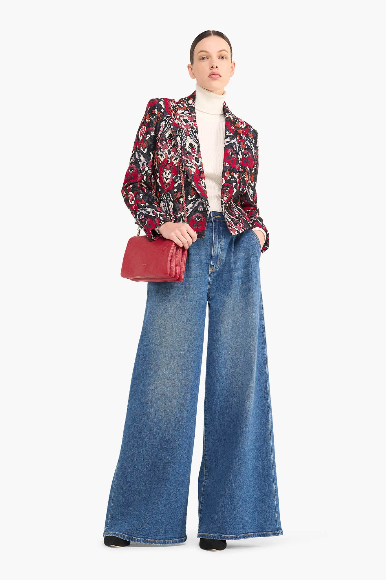Blazer Dames Kort Stan Jacquard Rood