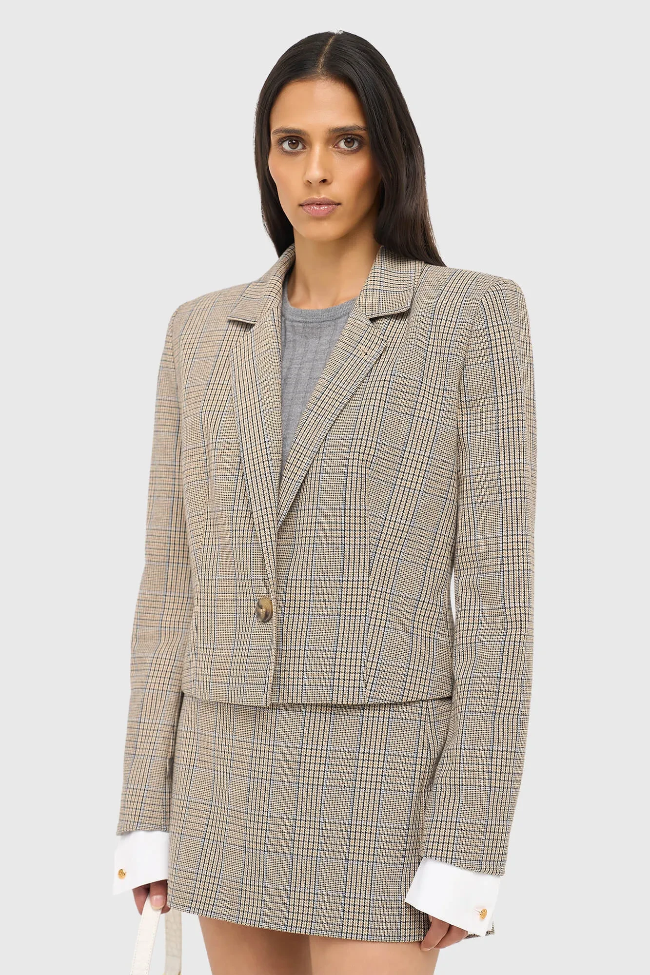 Damen-Blazer, kurz, kariert, Stan, beige