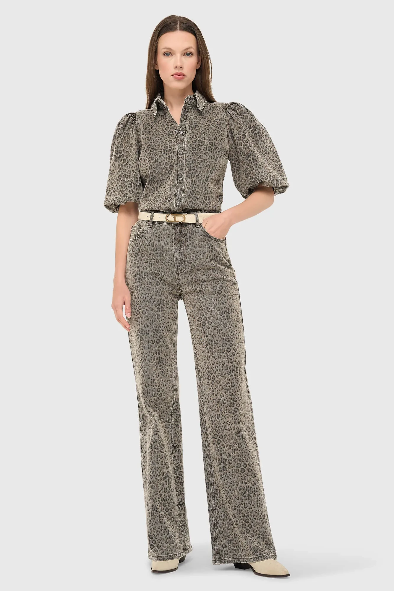 Damenbluse aus Denim mit Puffärmeln, Lars, Leopardenmuster