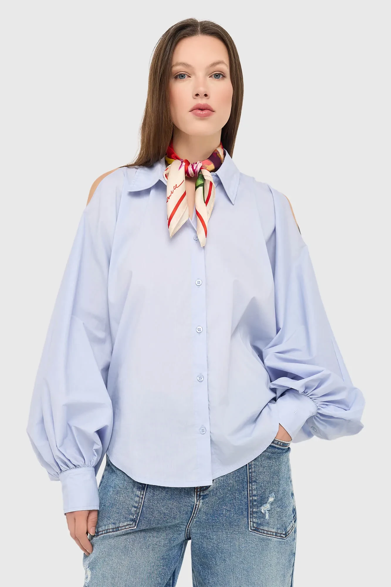 Damenbluse aus Baumwolle, blau, Stone, Puffärmel, Cut-Out
