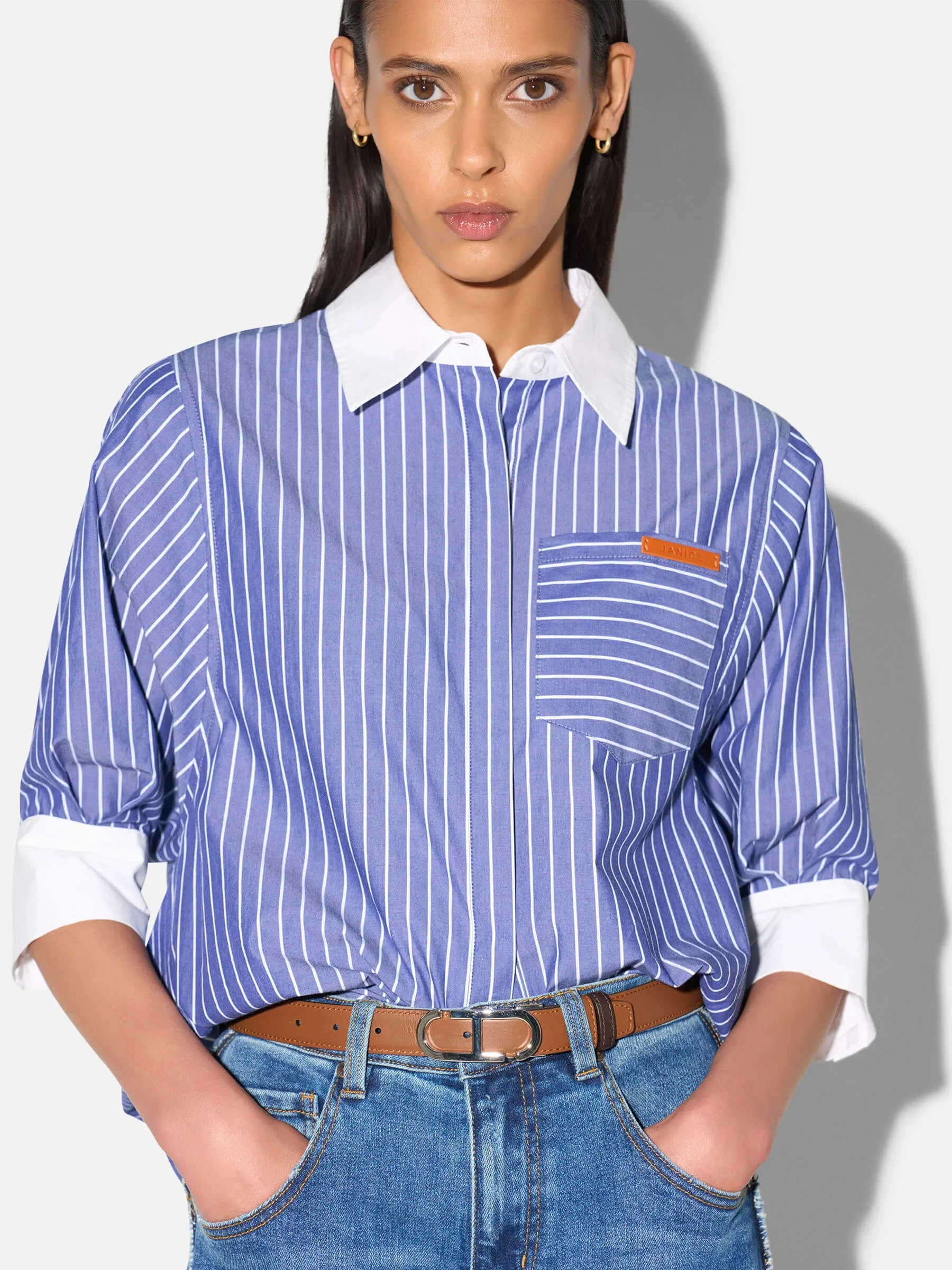 Blouse Dames Korte Mouw Katoen Seattle Blauw Streep