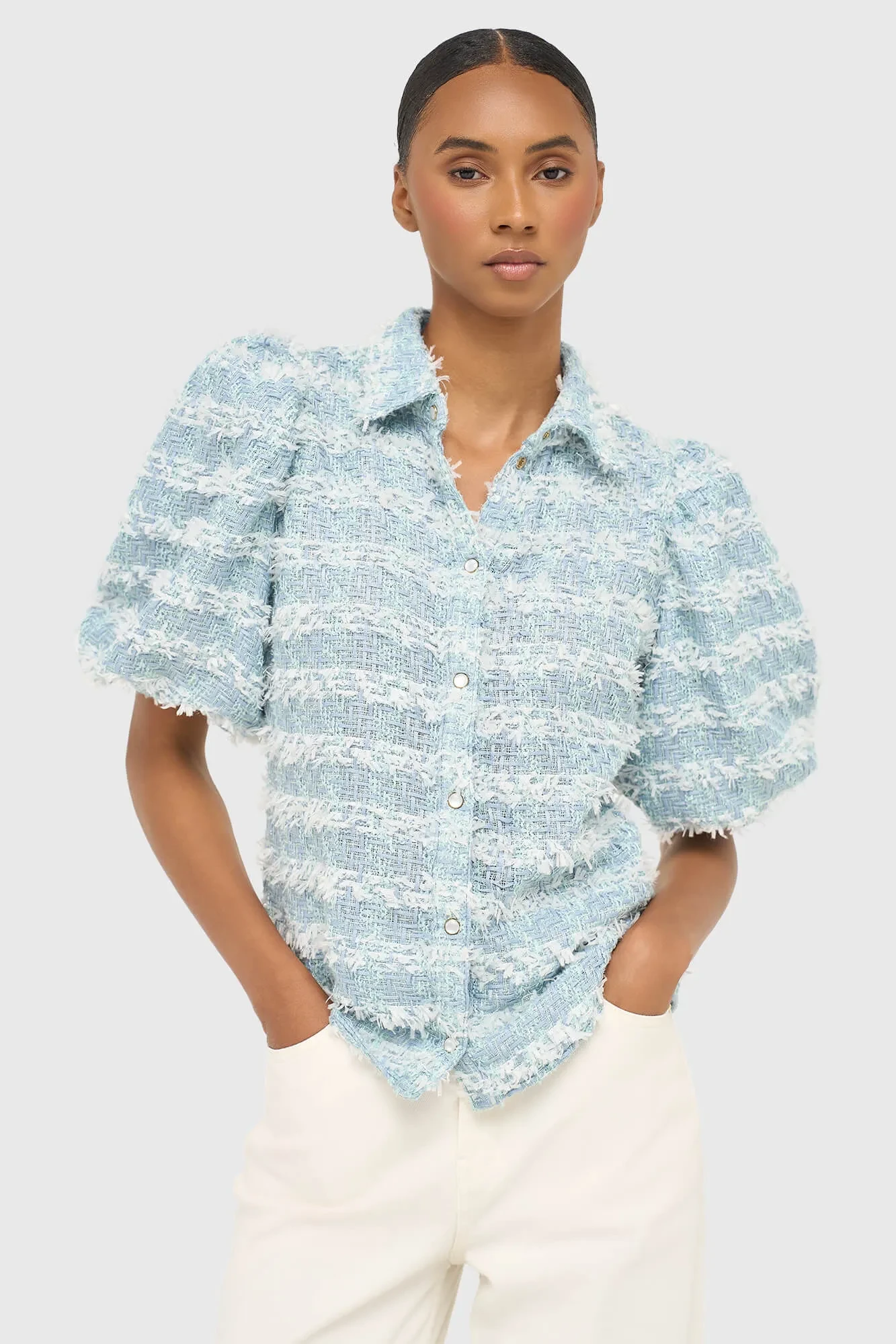 Damenbluse mit Puffärmeln aus Tweed, Lars Blau
