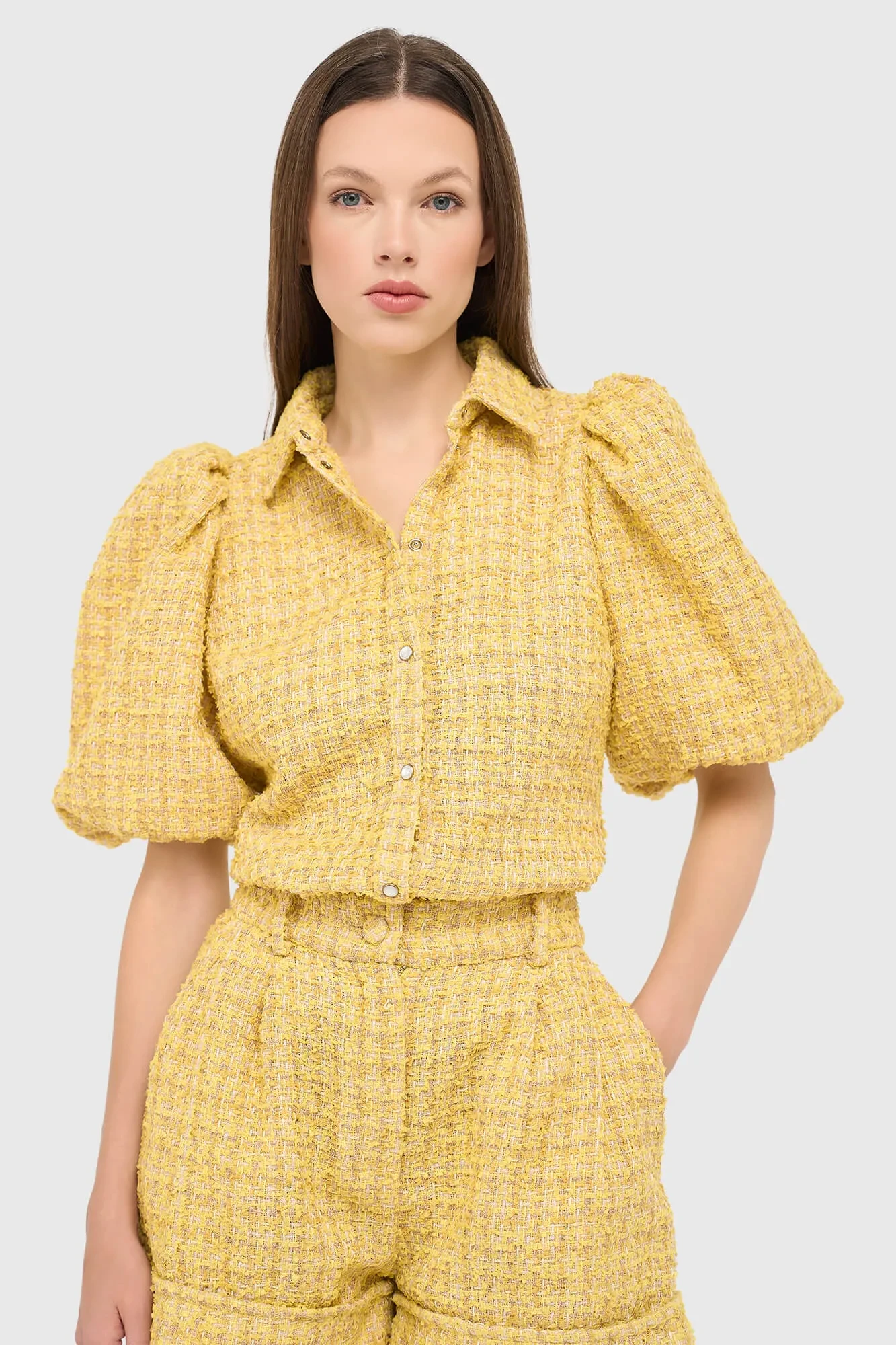 Damenbluse mit Puffärmeln aus Tweed, Lars, gelb