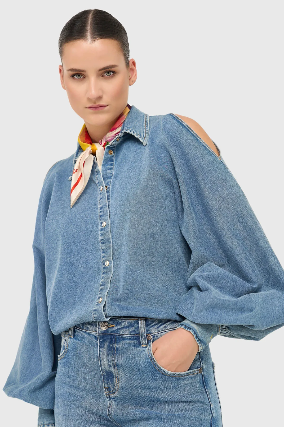 Denim Dames Blouse Cut Out STONE Blauw | Shop JANICE