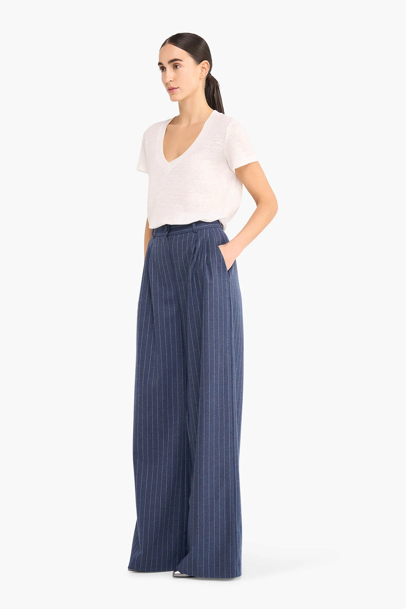 Women's Wide-Leg Striped Pants in Dollar Blue