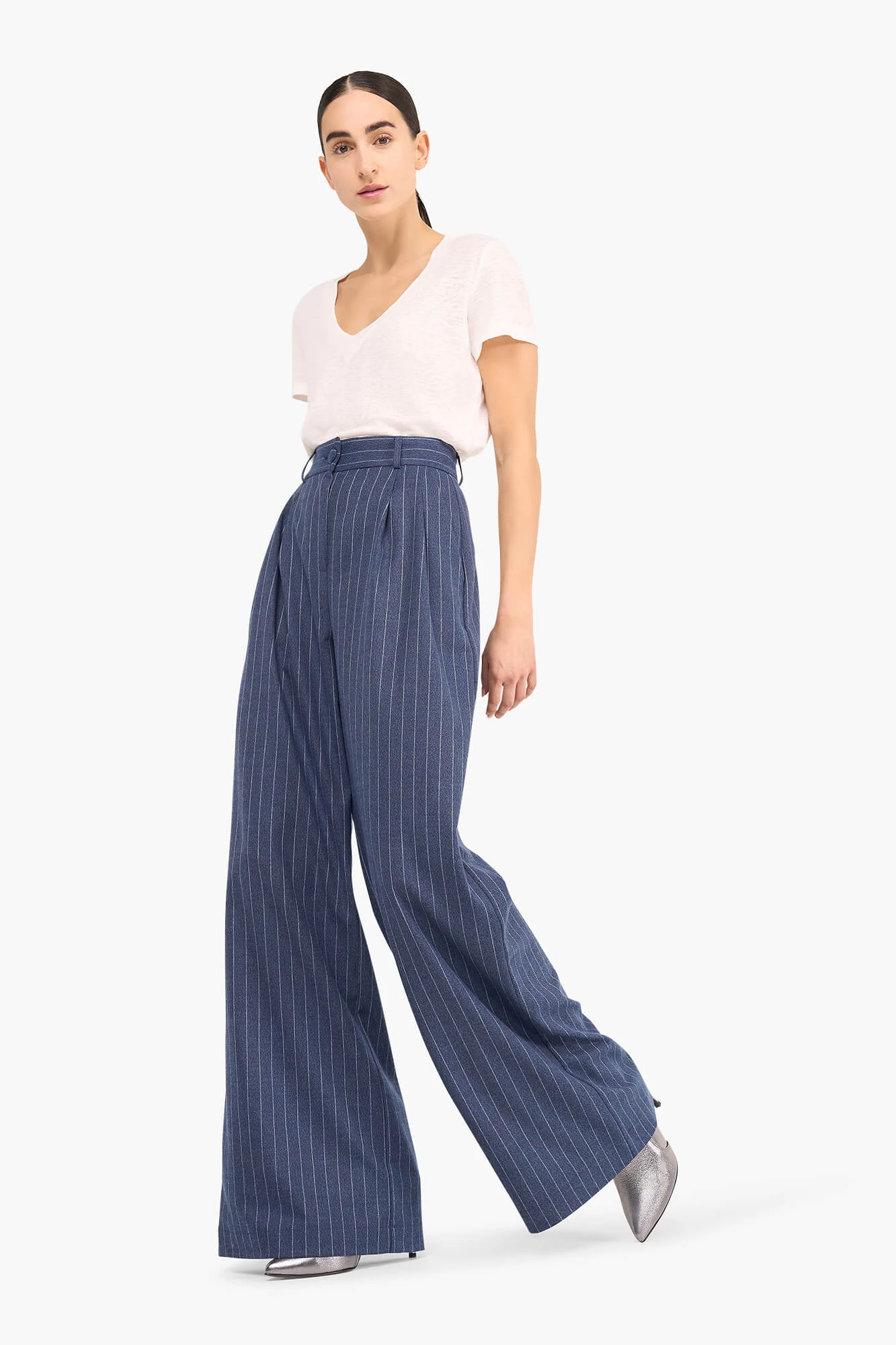 Women's Wide-Leg Striped Pants in Dollar Blue