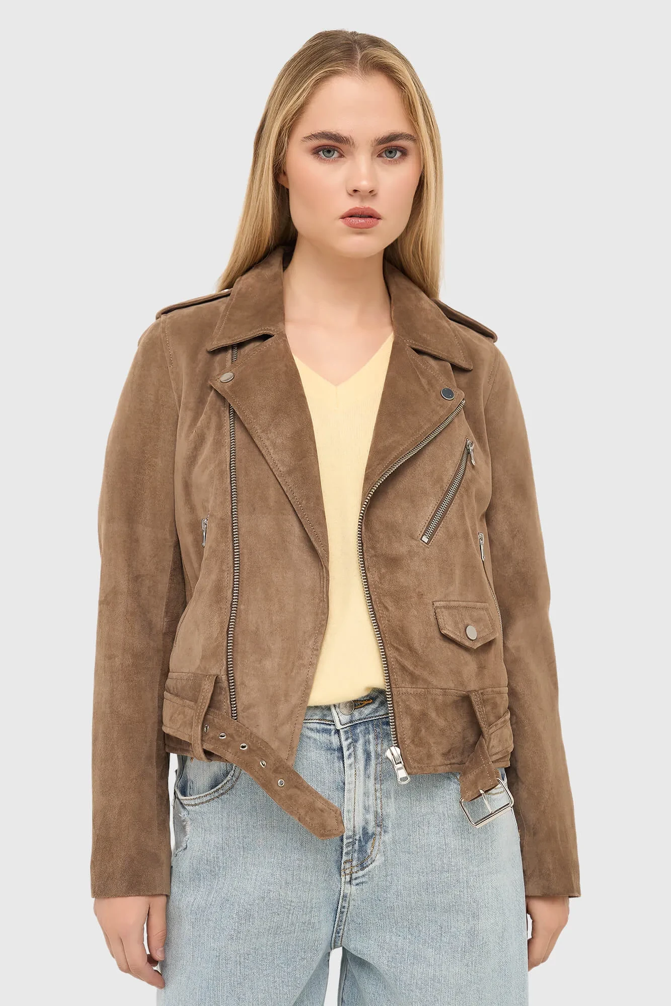 Braune Leder-Wildleder-Bikerjacke von Burke