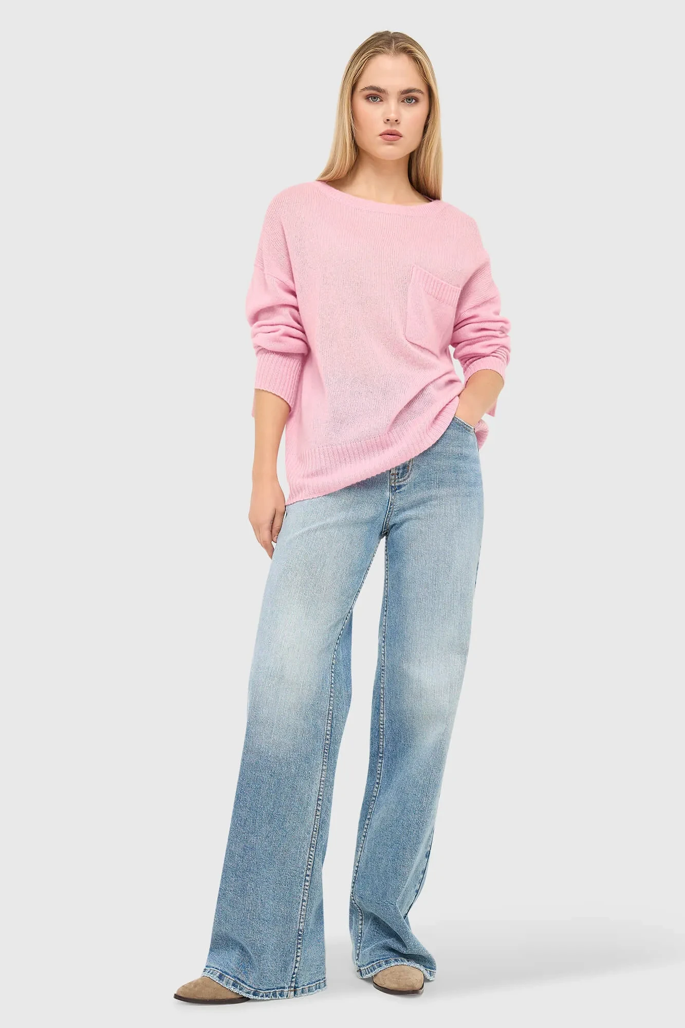 Women's Cashmere Sweater with Wide Neckline, Dayton Pink