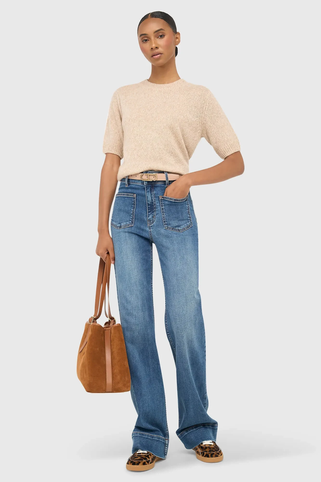 Women's Cashmere Short-Sleeve Sweater, Beige, Eloi