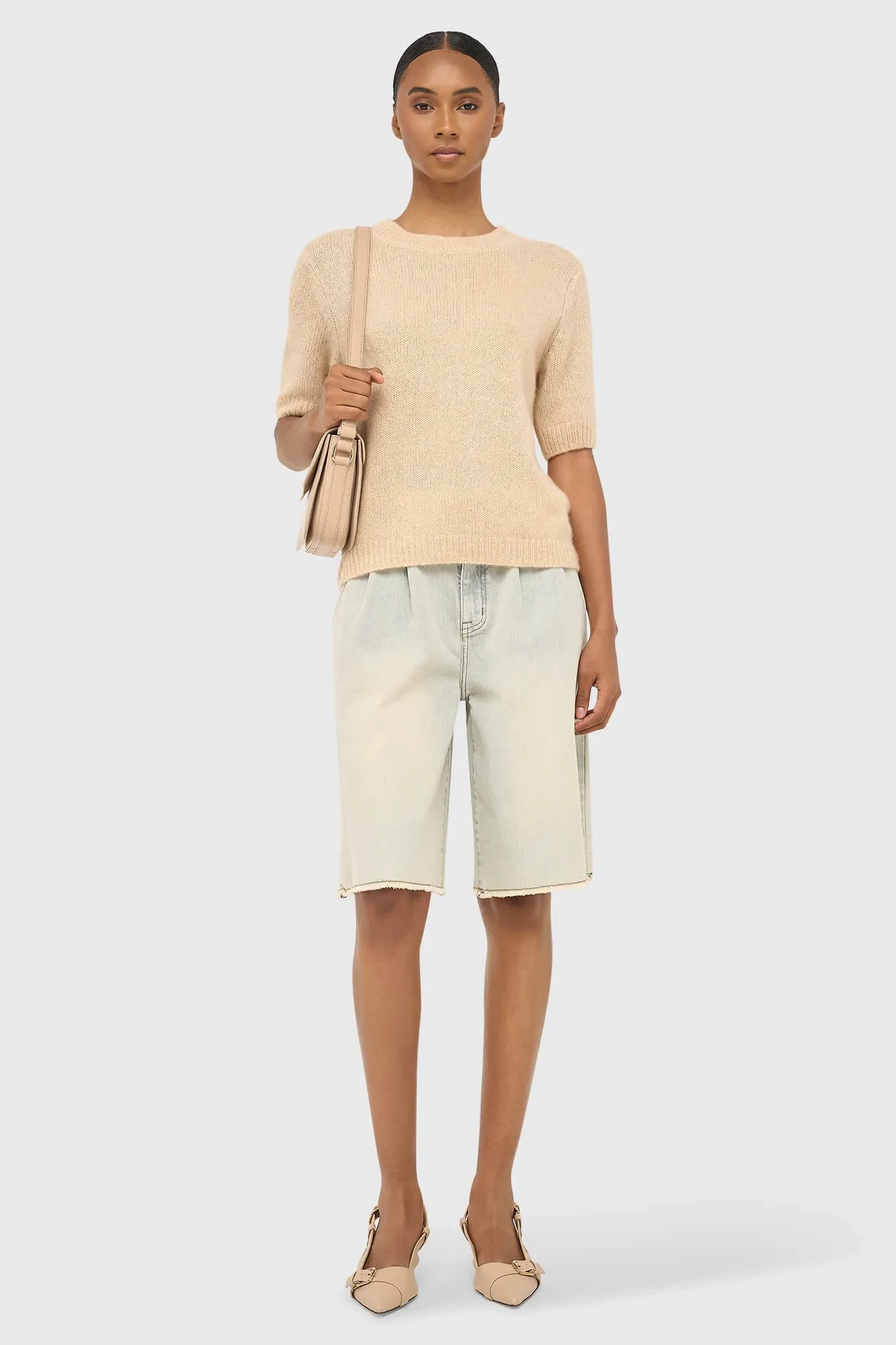Women's Short-Sleeve Cashmere Sweater, Cream, Eloi