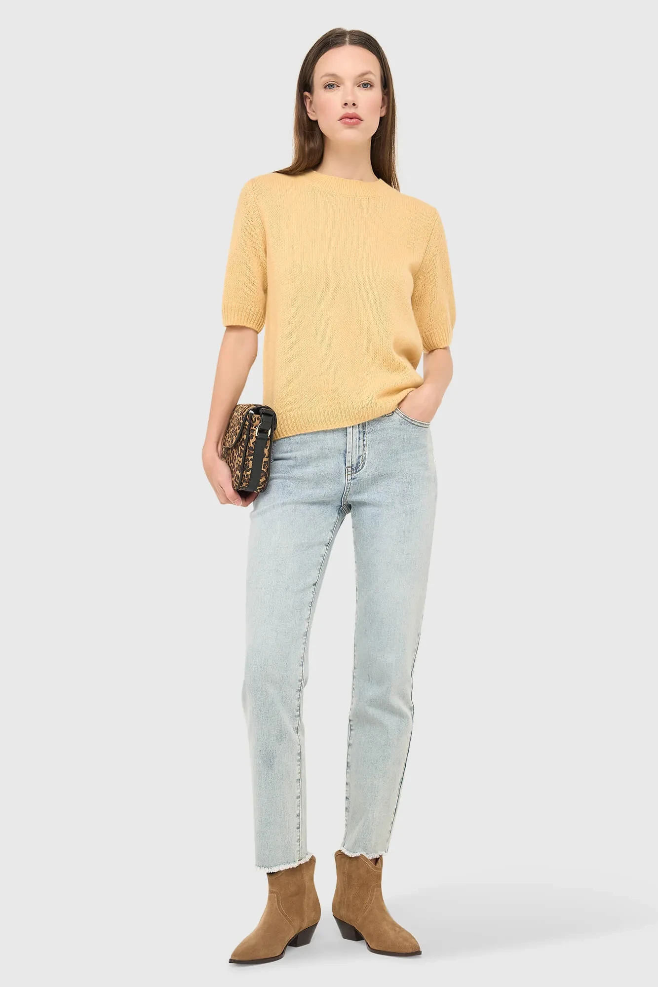 Women's Short-Sleeve Cashmere Sweater, Yellow, Eloi