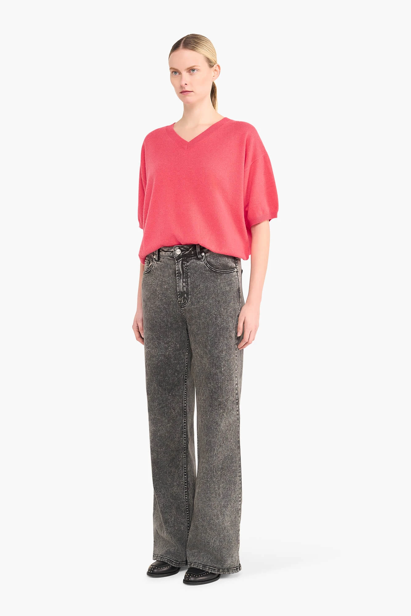 Women's Short-Sleeve Cashmere Sweater, Romeo Coral
