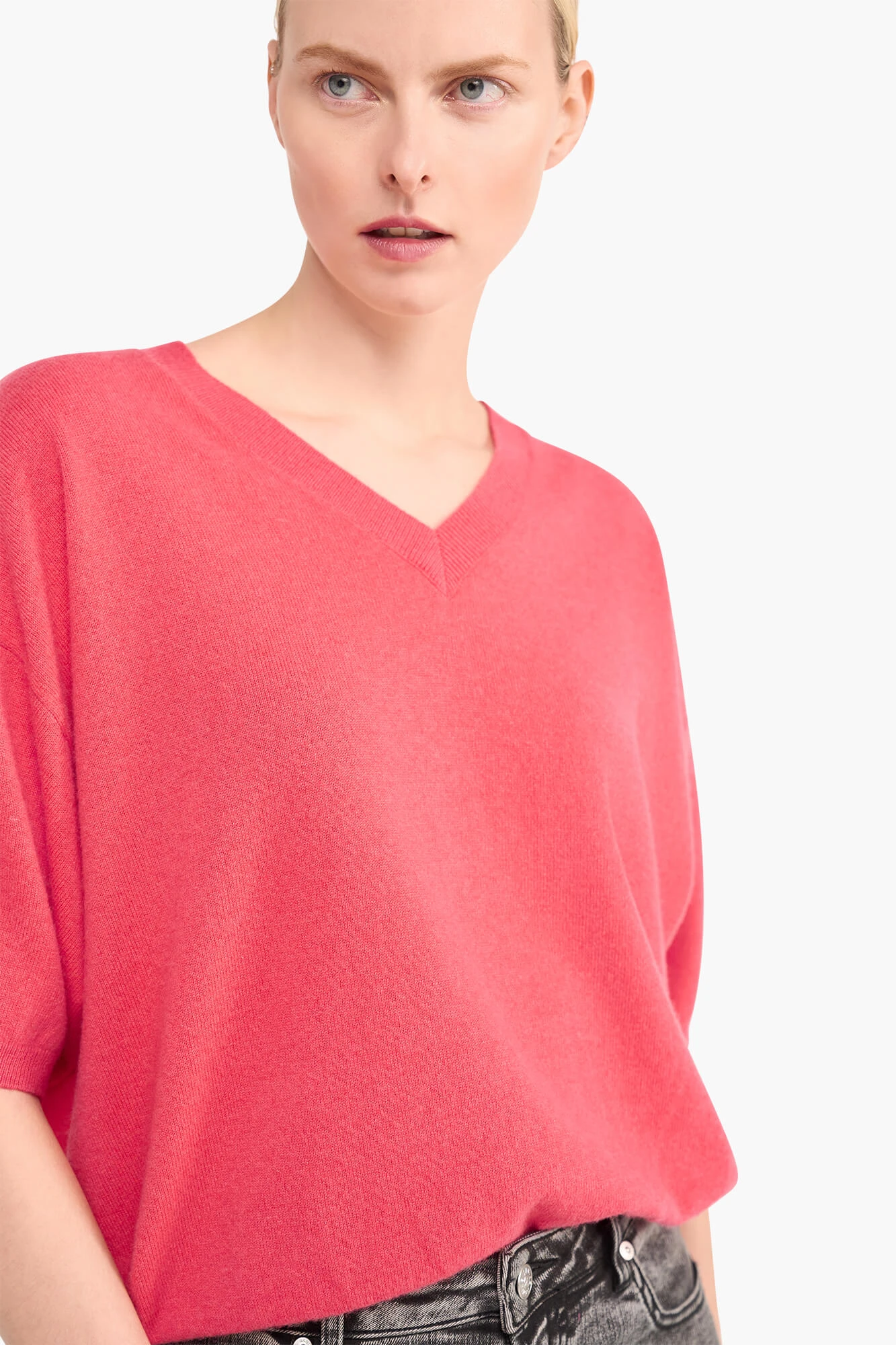 Women's Short-Sleeve Cashmere Sweater, Romeo Coral