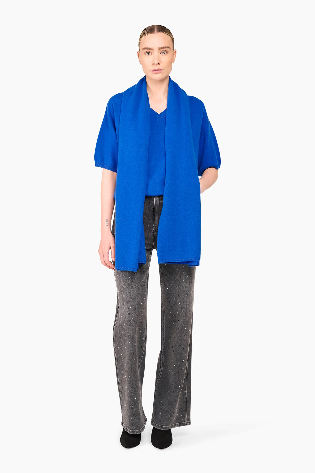 Gebreide trui korte mouw blauw Dames