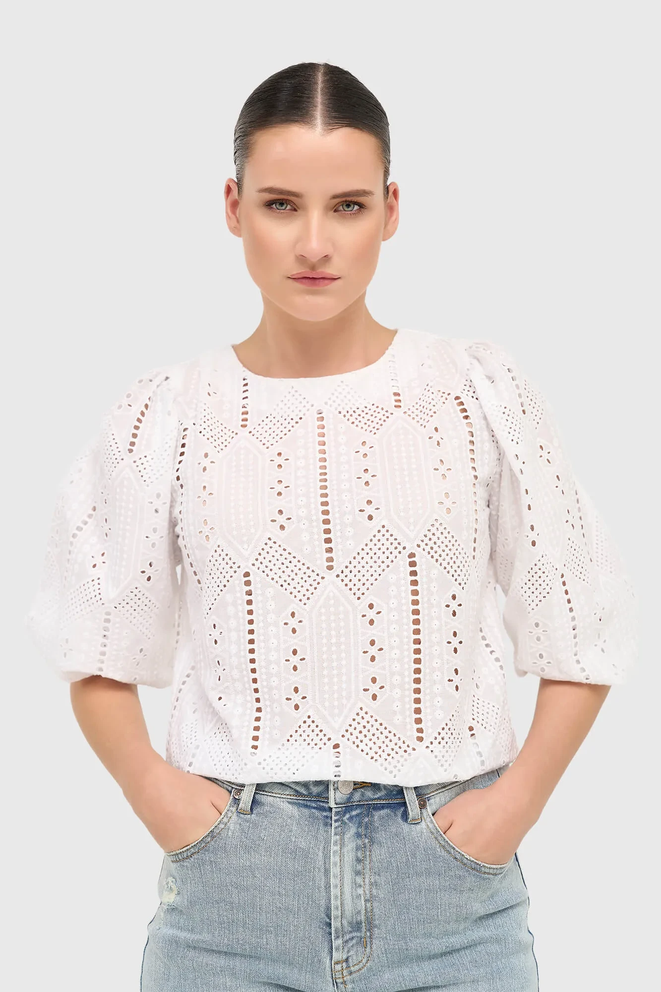 Damen-Top mit Puffärmeln von Elian, weiß, mit Spitze