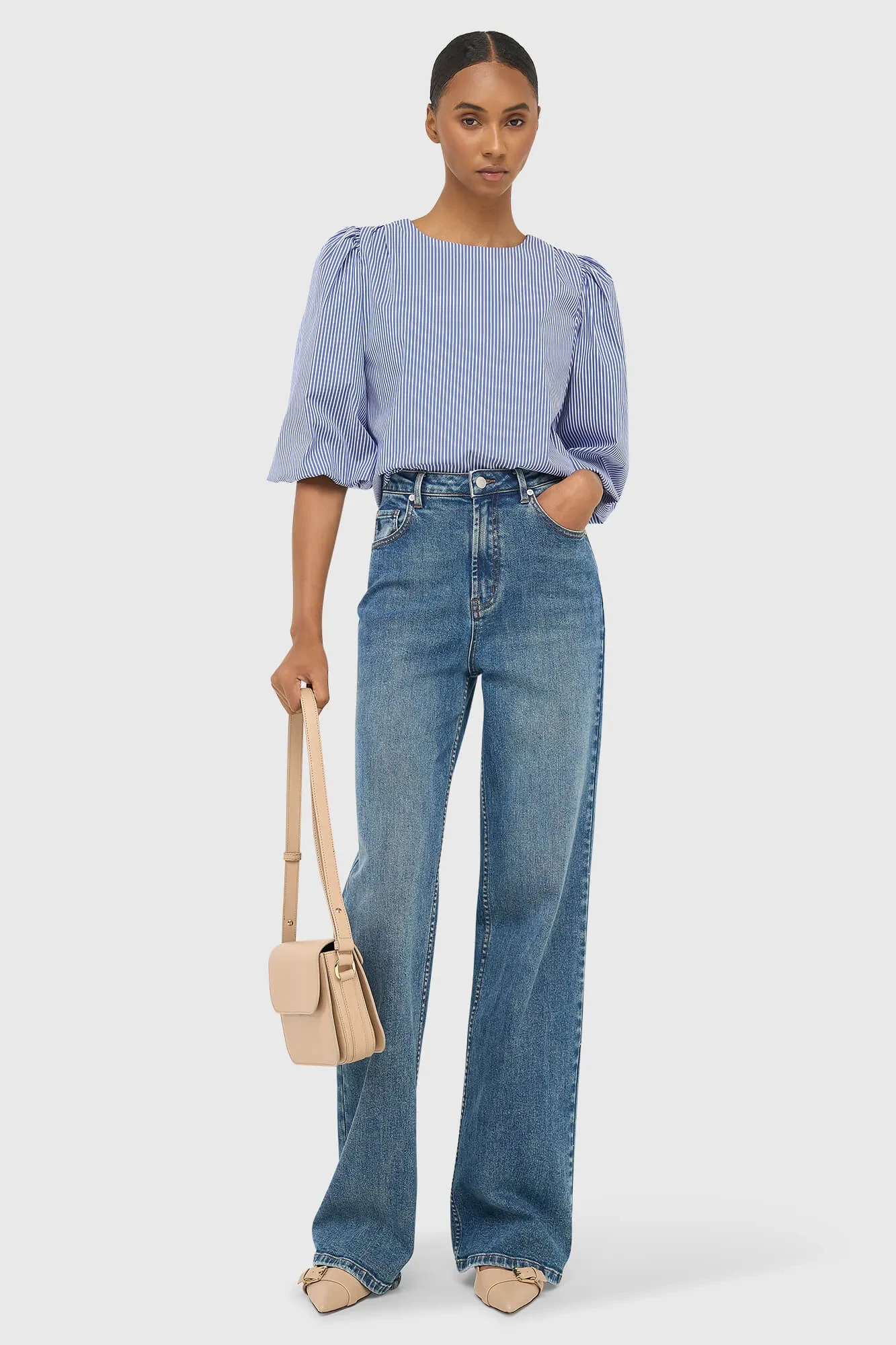 Damen-Top mit Puffärmeln und Streifenmuster, Elian, blau