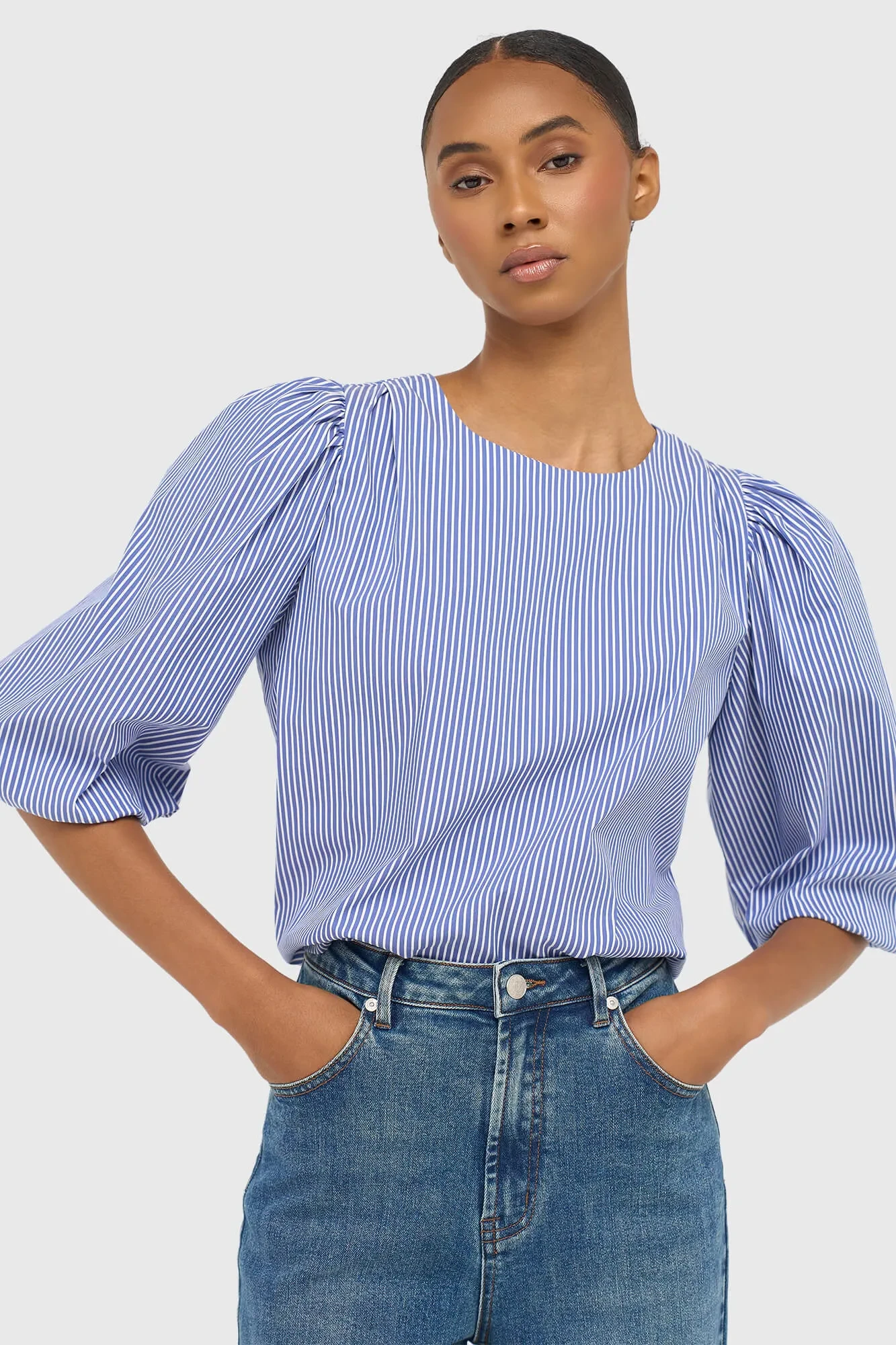 Damen-Top mit Puffärmeln und Streifenmuster, Elian, blau