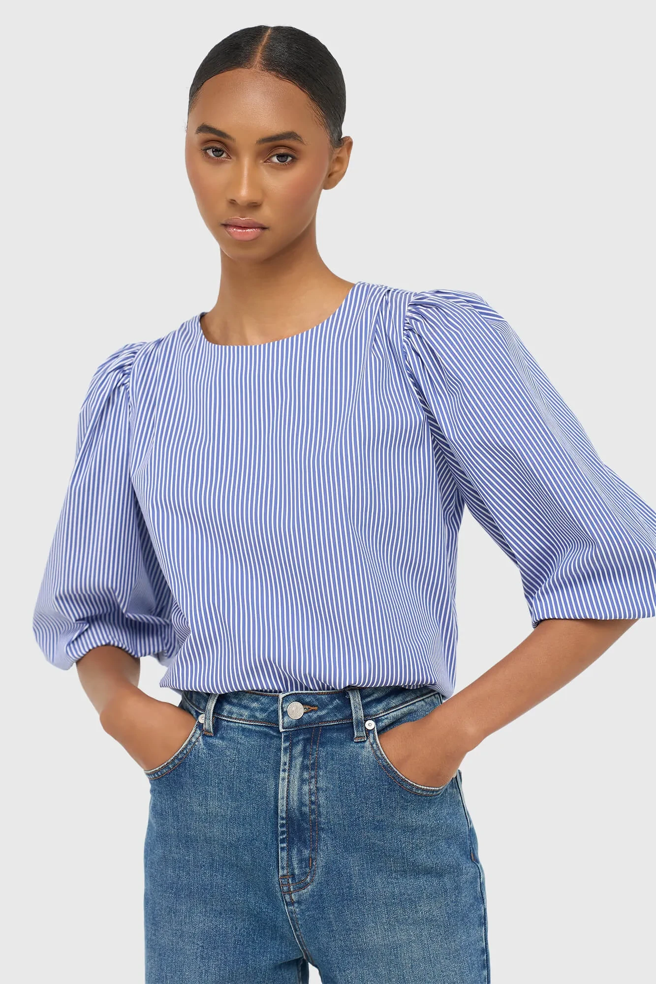 Damen-Top mit Puffärmeln und Streifenmuster, Elian, blau