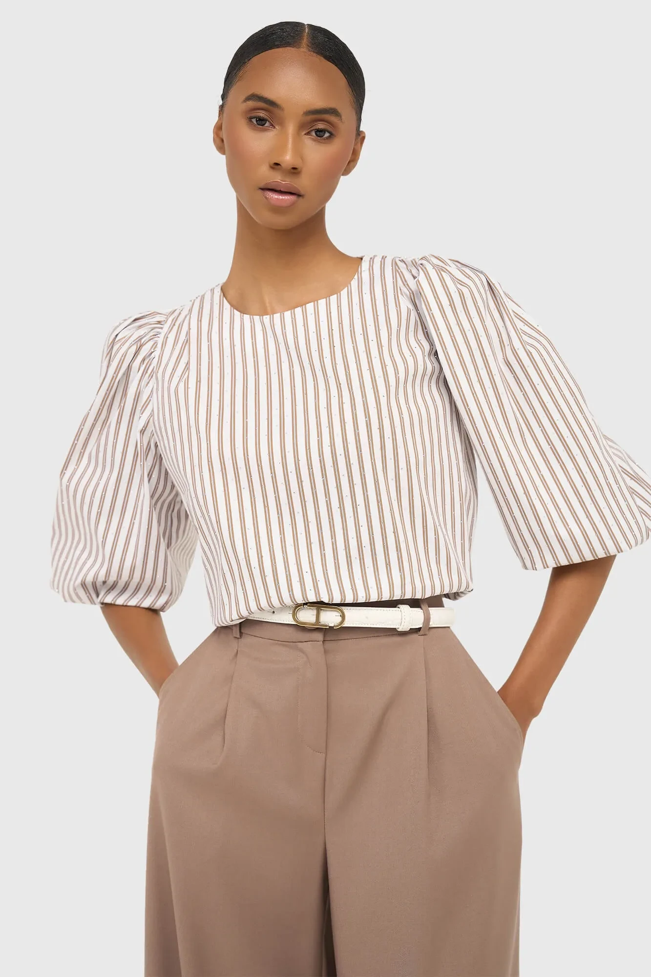 Damen-Top mit Puffärmeln und Streifenmuster, Elian, braun