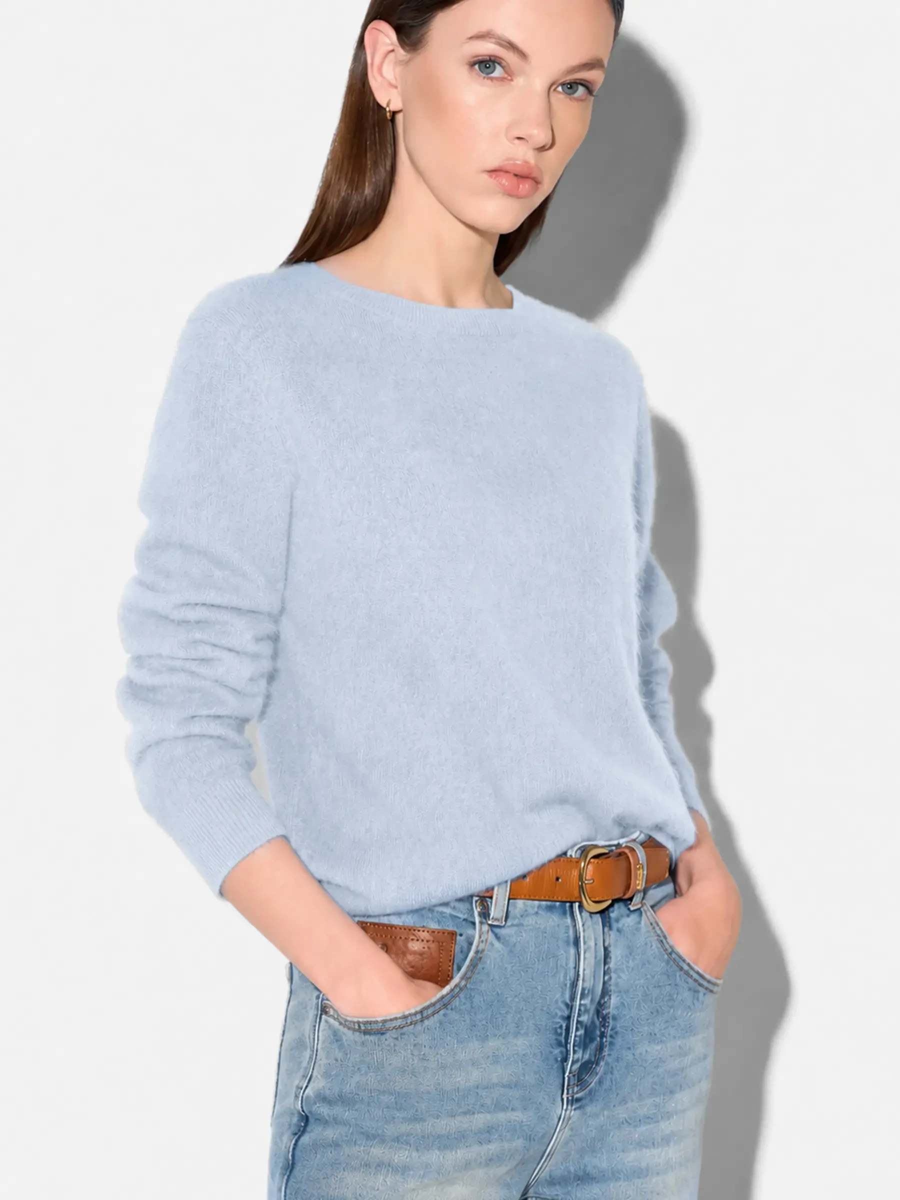 Dames Trui Ronde Hals Gebrushed Merino Wol Eon Licht Blauw