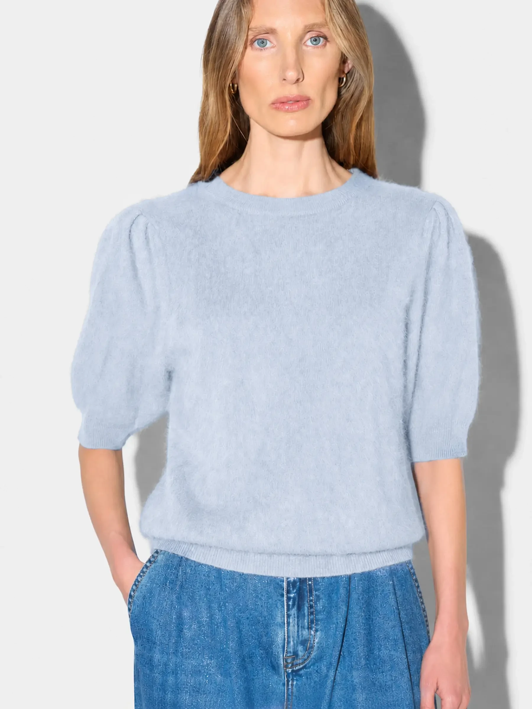 Dames Trui Ronde Hals Pofmouw Gebrushed Merino Wol Peyton Licht Blauw