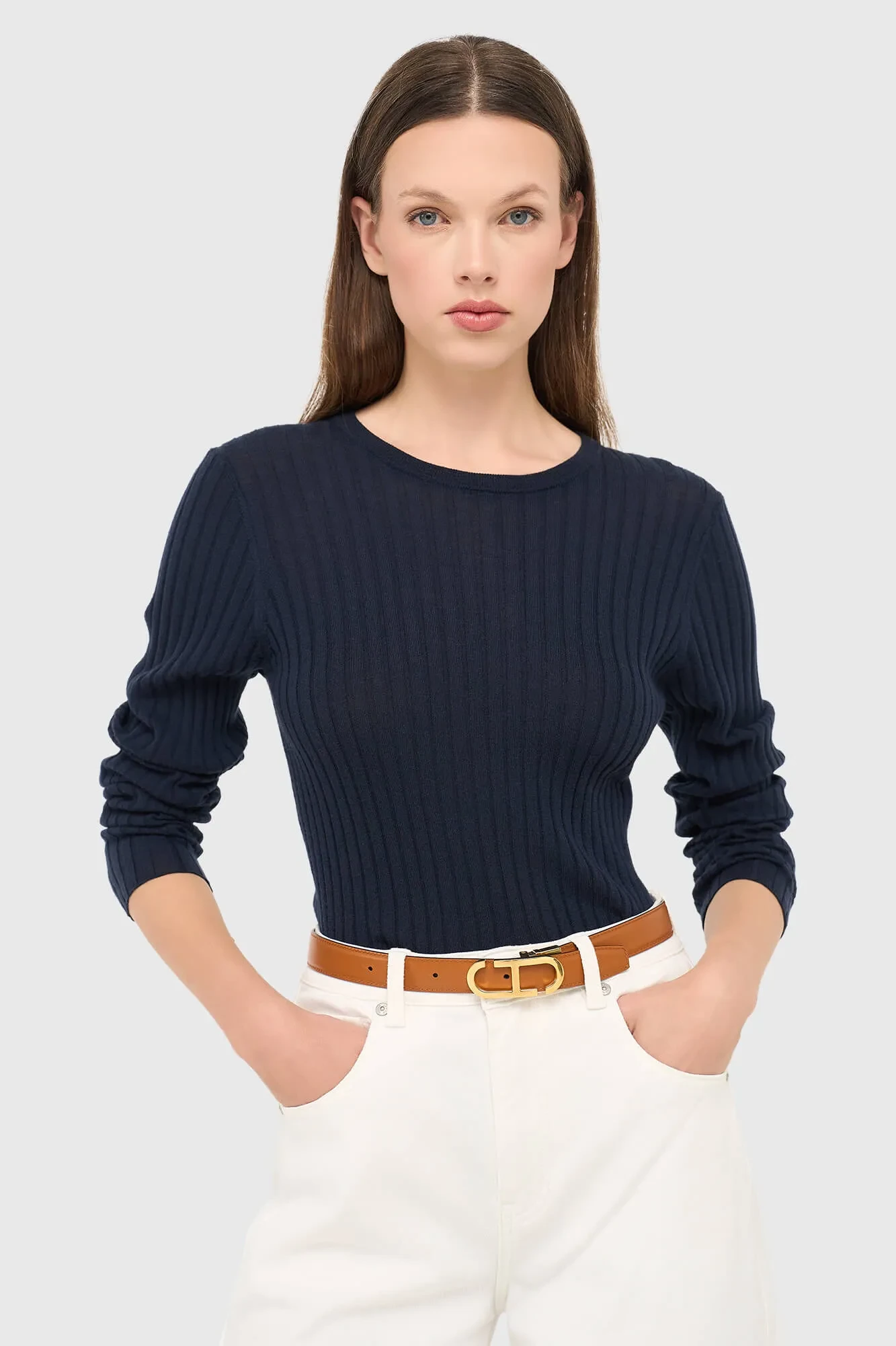 Dunkelblauer Merinowollpullover mit langen Ärmeln, Lyle-Blau