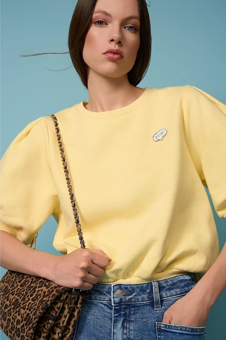 Yellow Women's Sweater with Puff Sleeves, Cotton, Corey