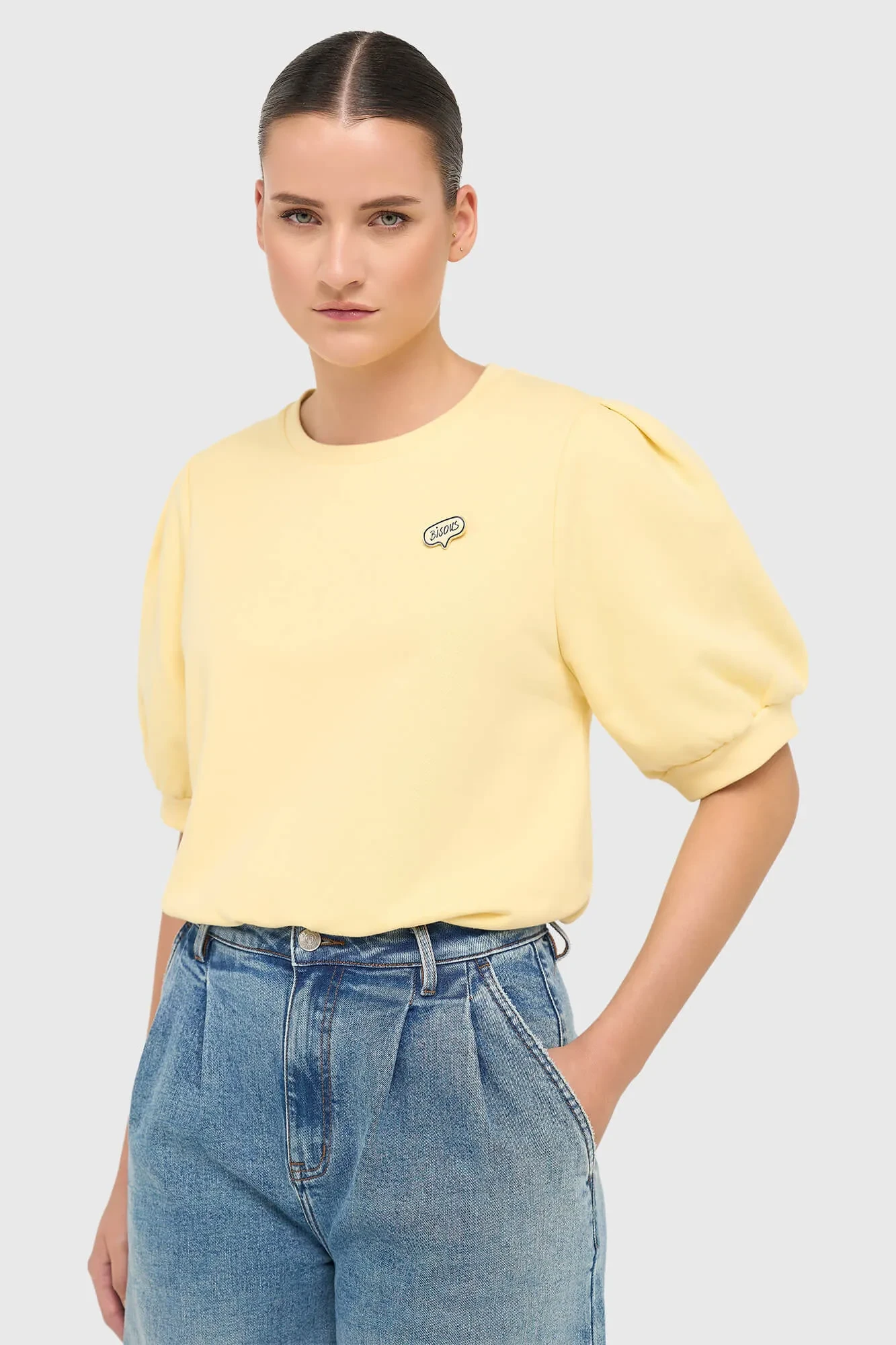 Yellow Women's Sweater with Puff Sleeves, Cotton, Corey