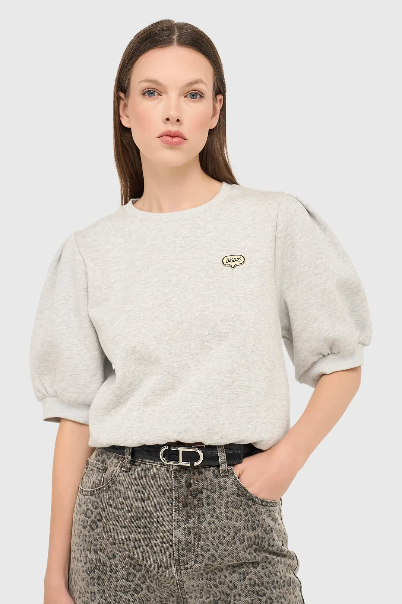 Grauer Damenpullover mit Puffärmeln aus Baumwolle – Corey