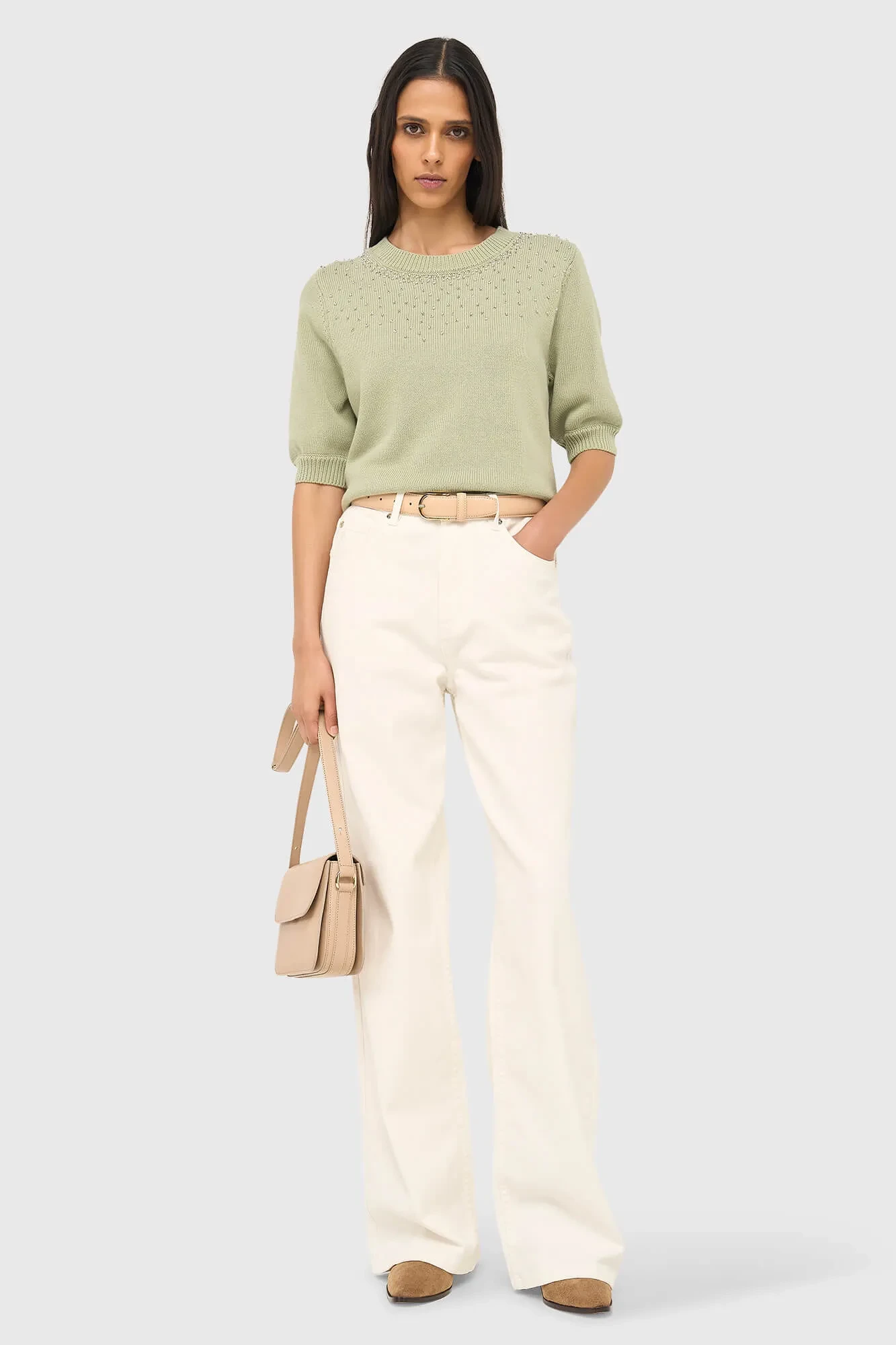 Green Cotton Women's Sweater With Rhinestones by Barret